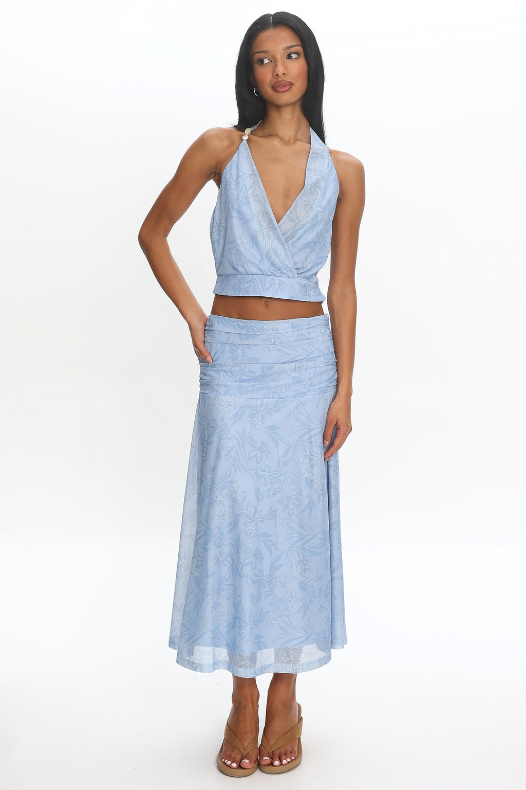 Telepatia Ruched Floral Maxi Skirt Blue