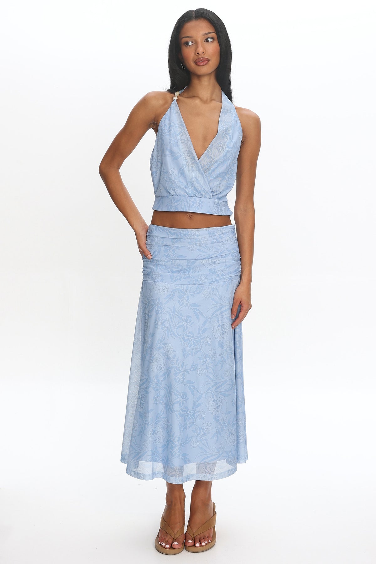 Telepatia Ruched Floral Maxi Skirt Blue