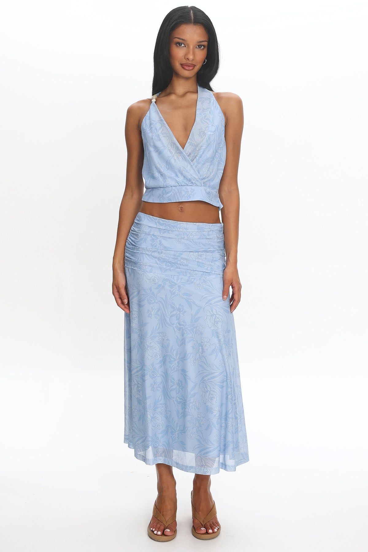 Telepatia Ruched Floral Maxi Skirt Blue