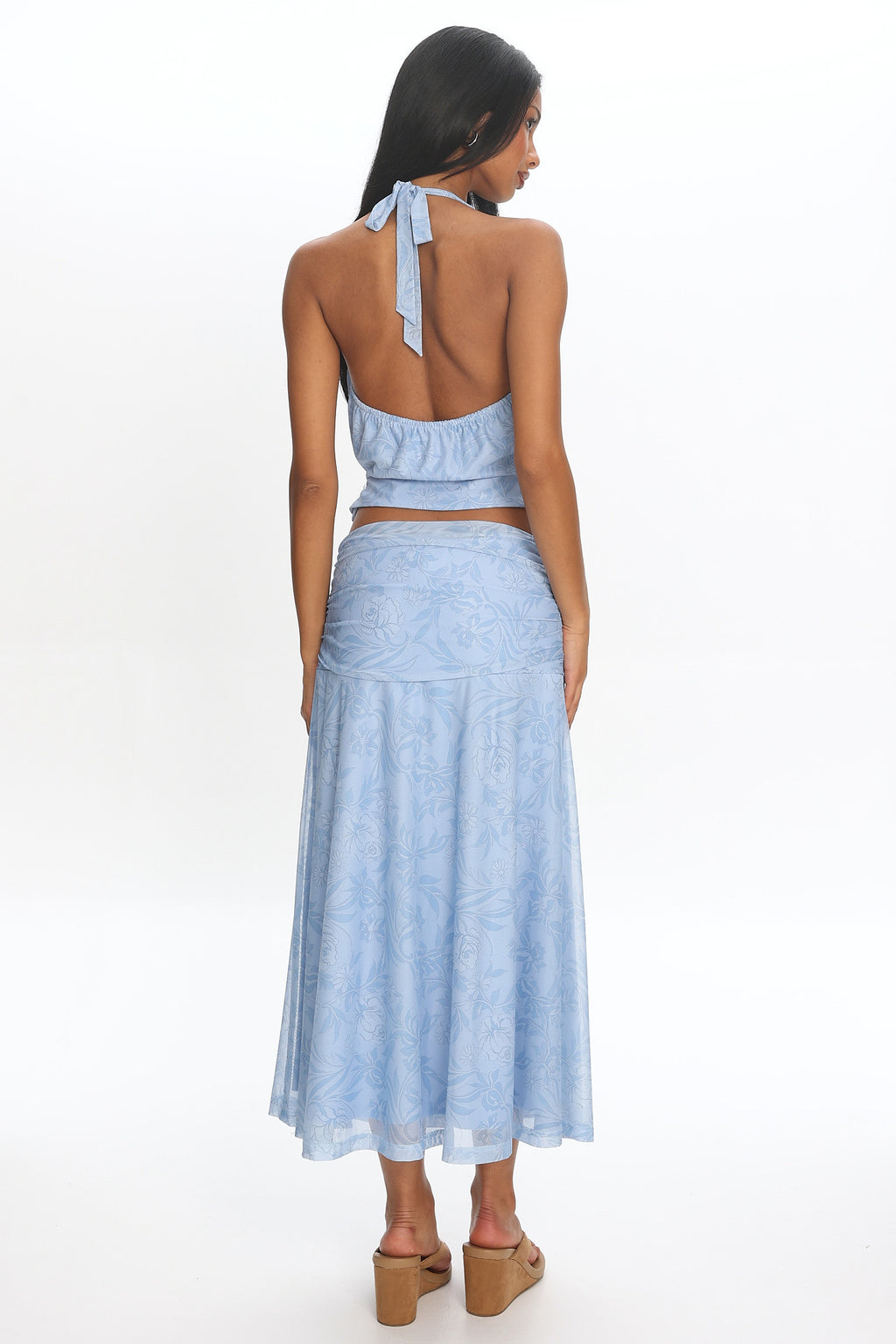 Telepatia Ruched Floral Maxi Skirt Blue