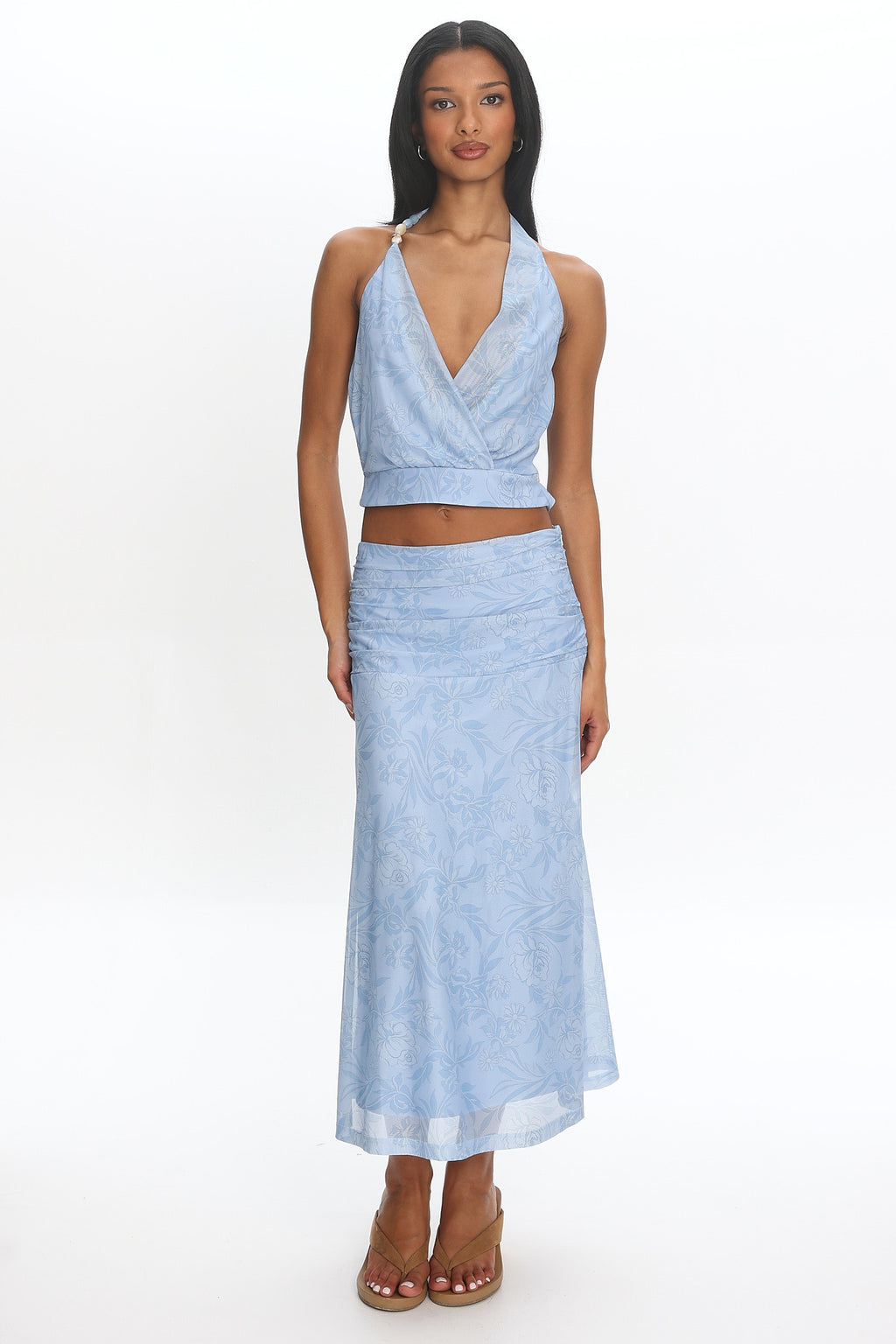 Telepatia Ruched Floral Maxi Skirt Blue