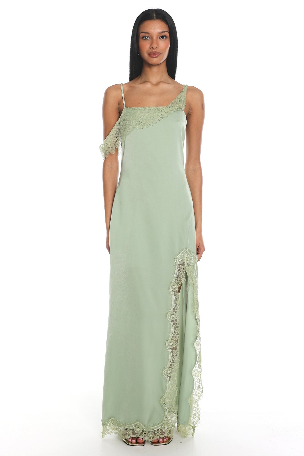 Eden Lace Trim Satin Maxi Dress Sage