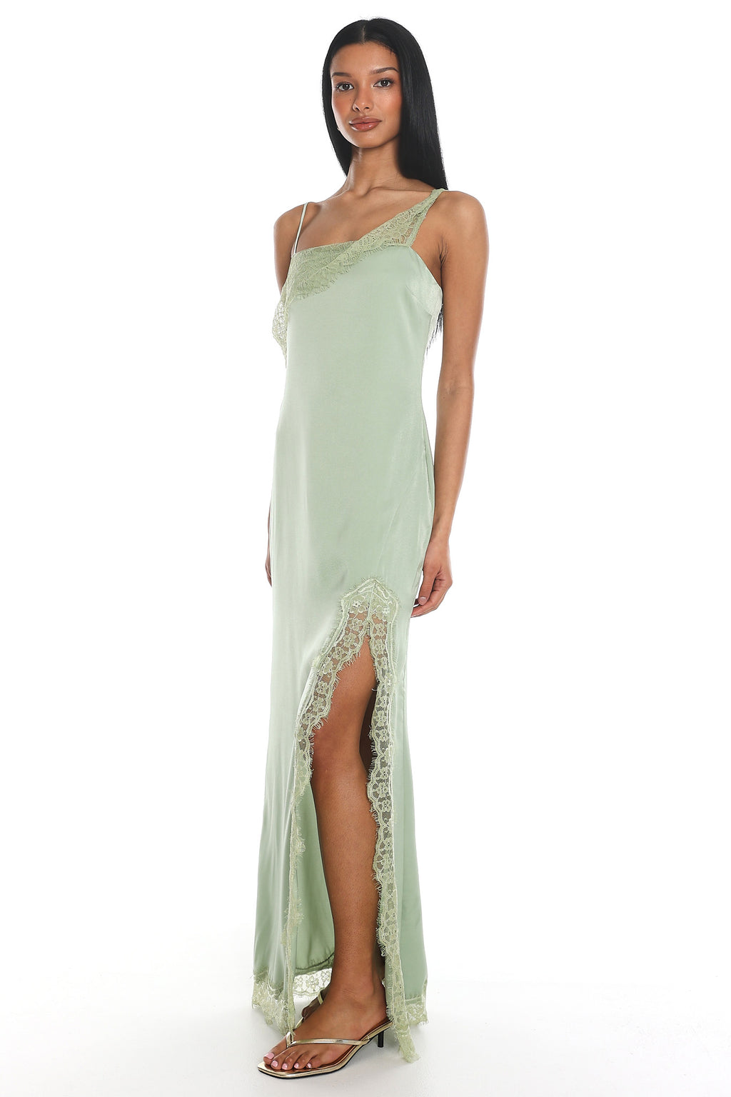 Eden Lace Trim Satin Maxi Dress Sage