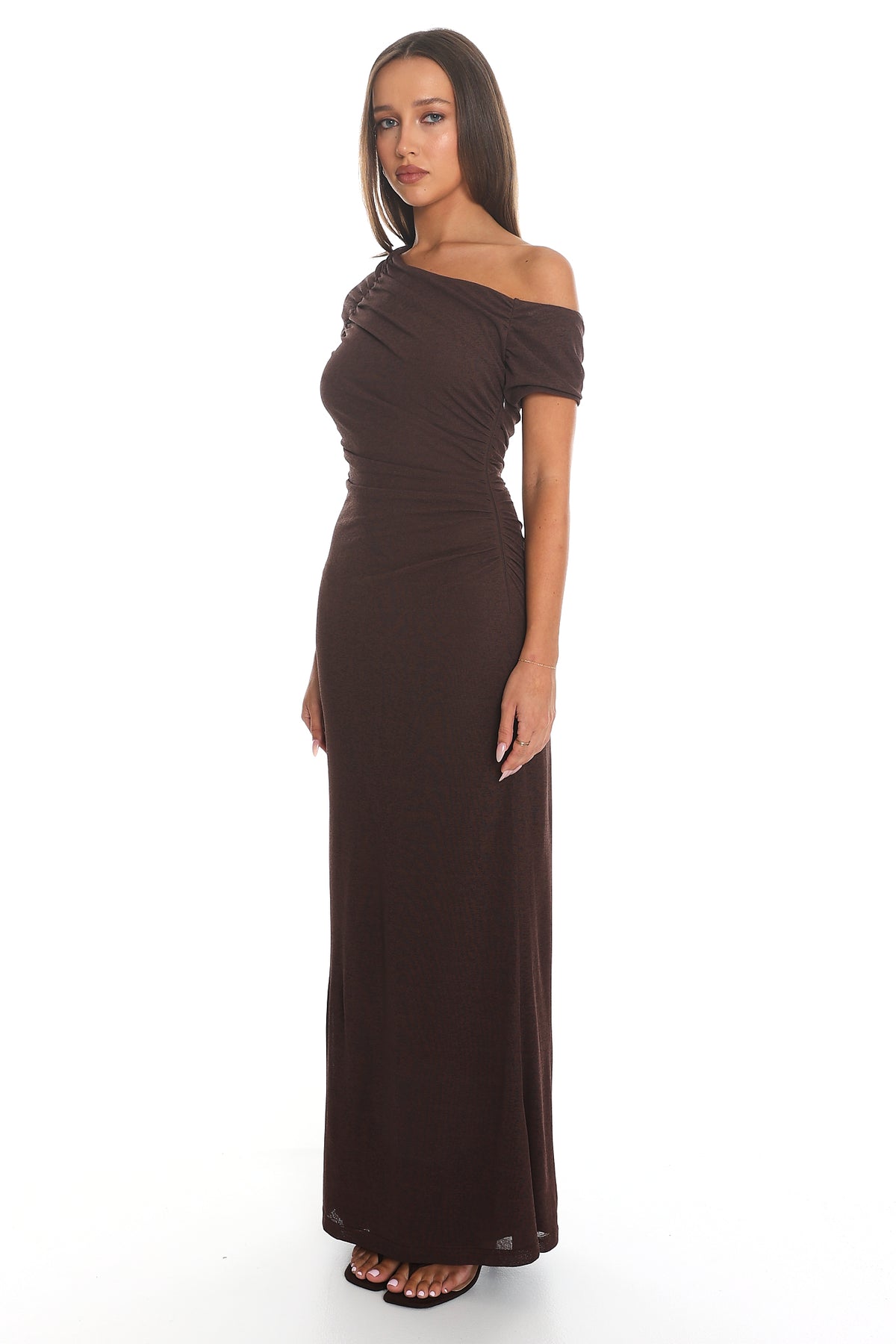 Melville Off Shoulder Maxi Dress Chocolate
