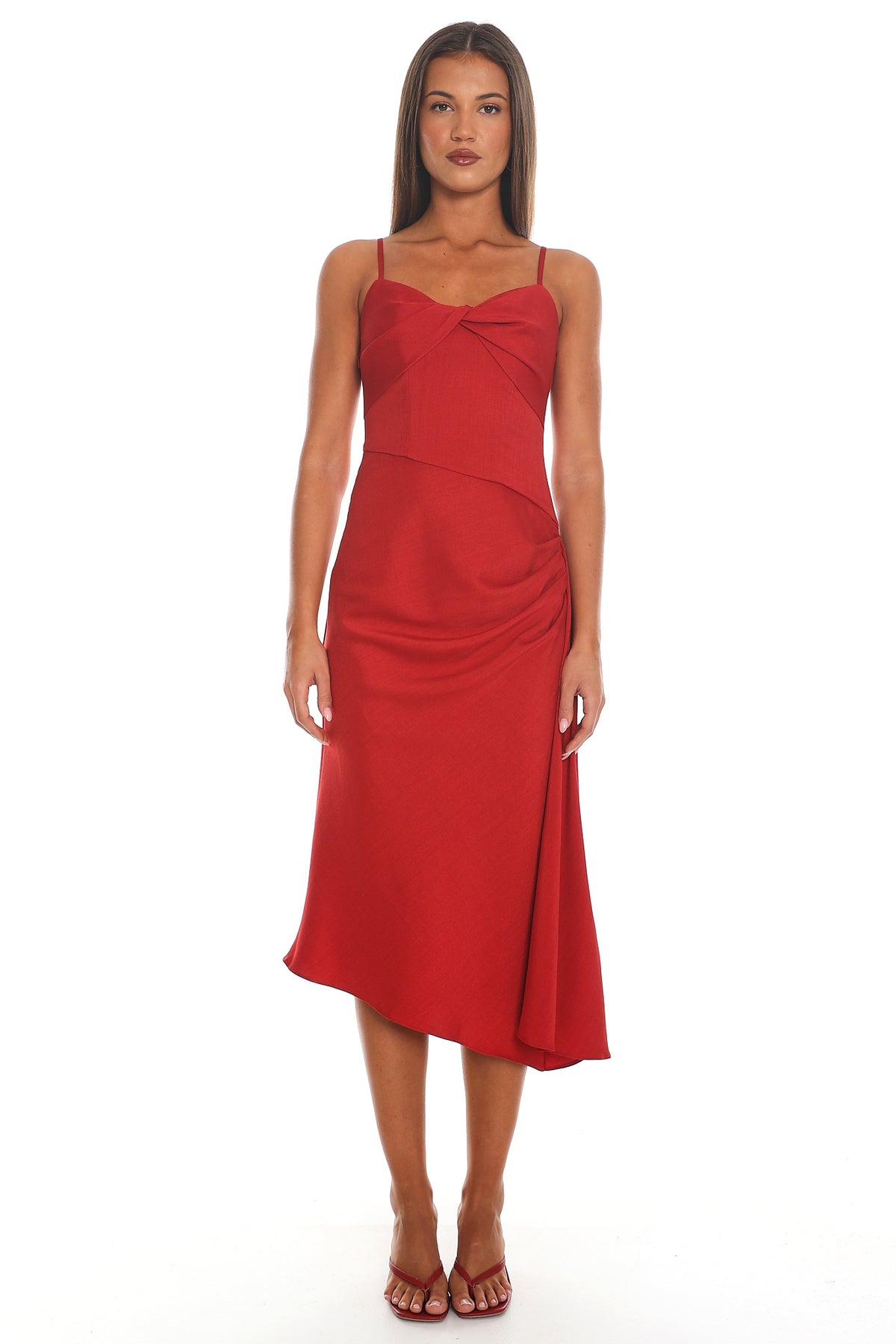 Past Midnight Twist Front Midi Dress Red
