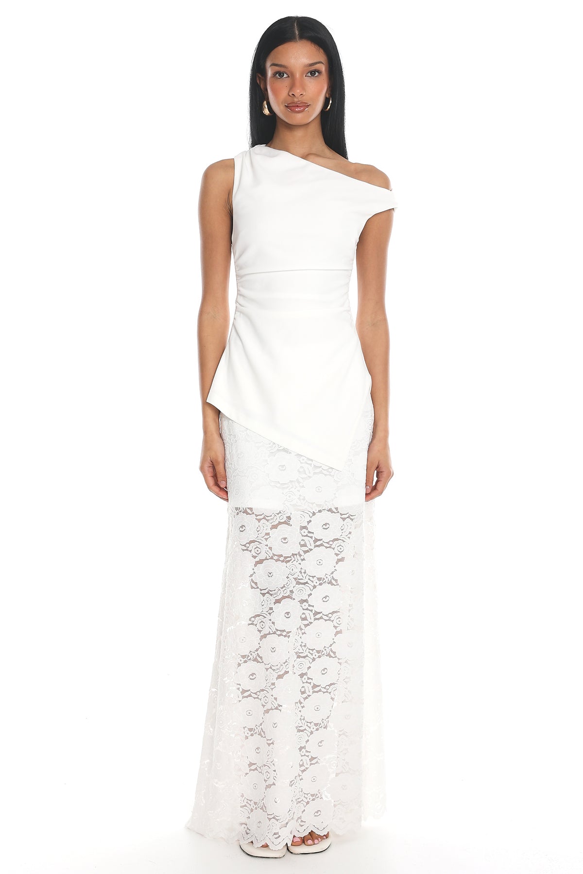 Grecian Muse Asymmetric Drape Top Off White