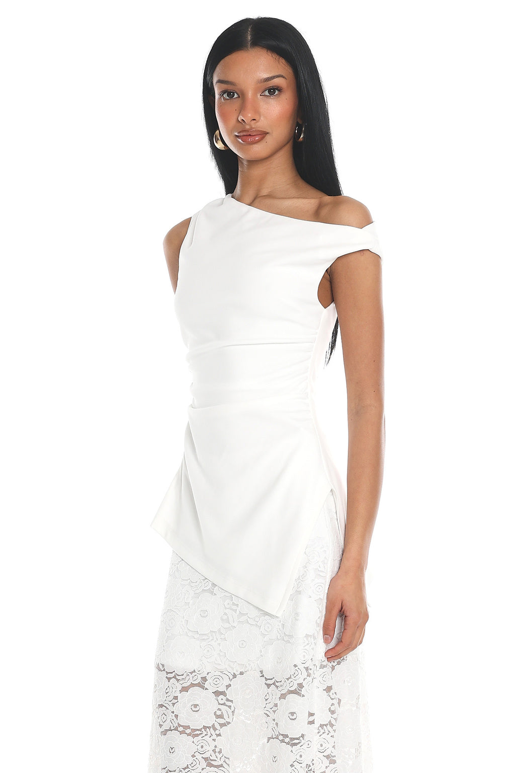 Grecian Muse Asymmetric Drape Top Off White