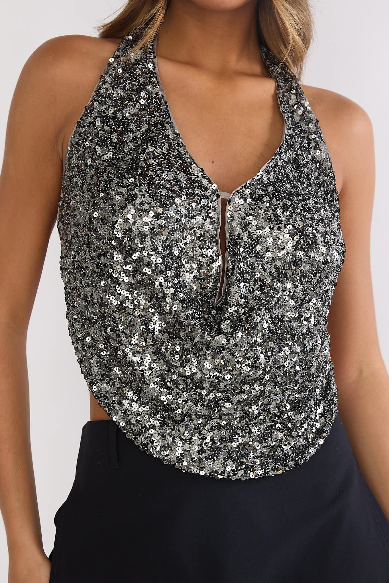 Marquess Backless Halter Top Sequin Gunmetal by Selfie Leslie Australia
