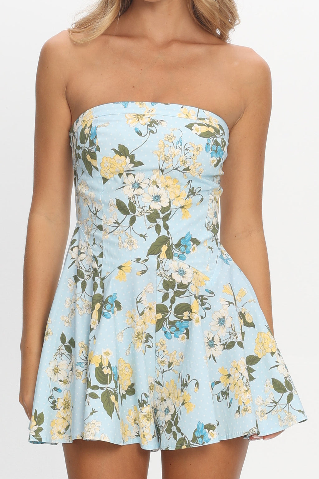 That's My Girl Strapless Mini Romper Floral Baby Blue by Selfie Leslie Australia