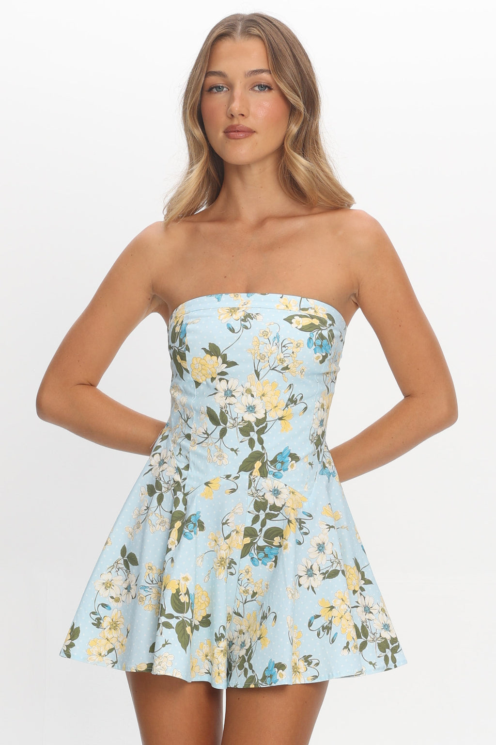 That's My Girl Strapless Mini Romper Floral Baby Blue by Selfie Leslie Australia