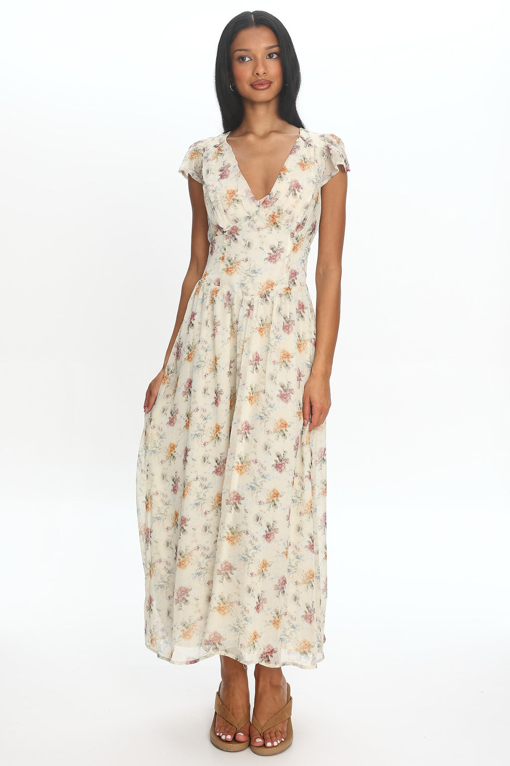 Angel Wings V-Back Pleat Maxi Dress Mint Floral