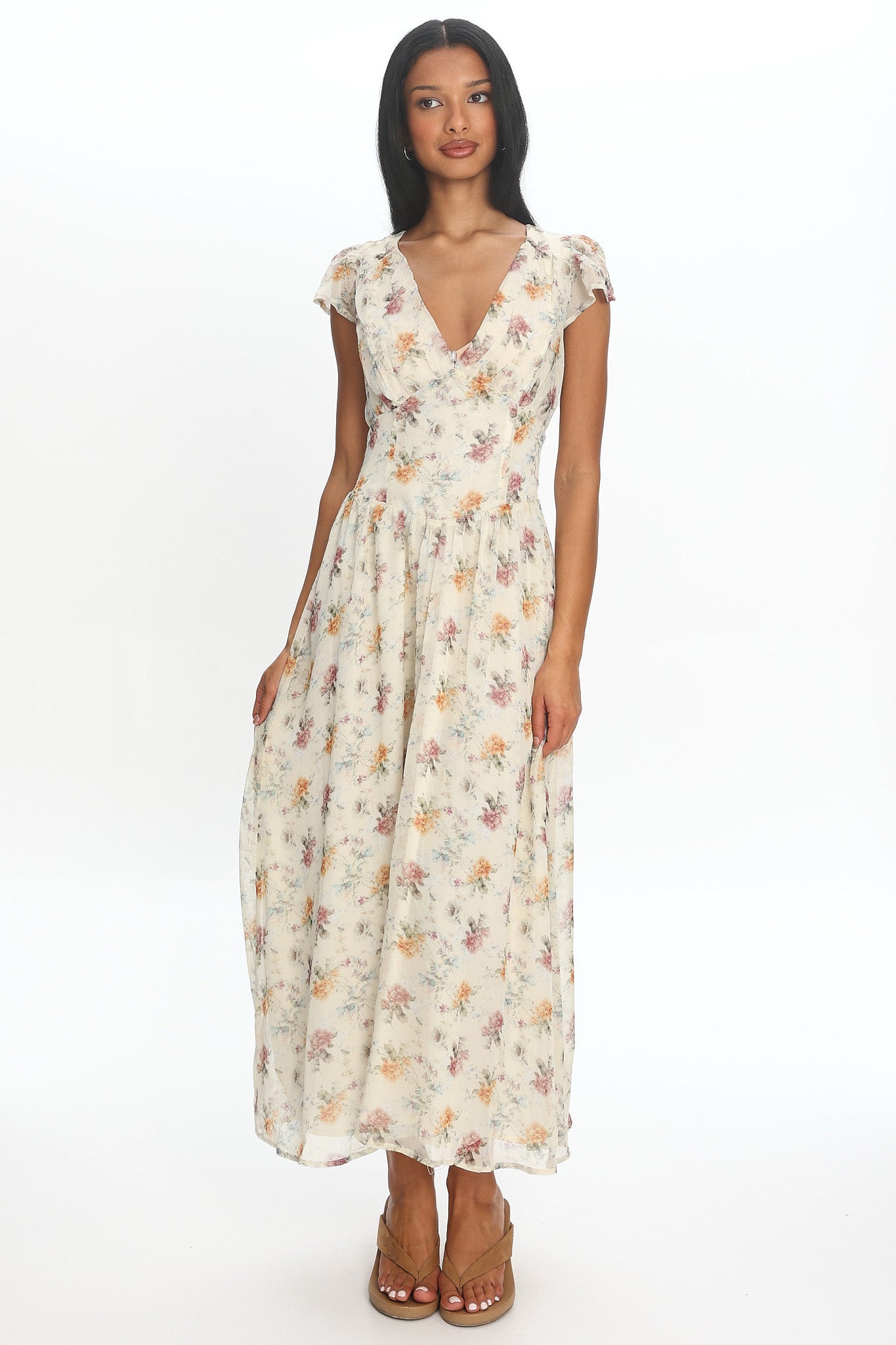 Angel Wings V-Back Pleat Maxi Dress Mint Floral