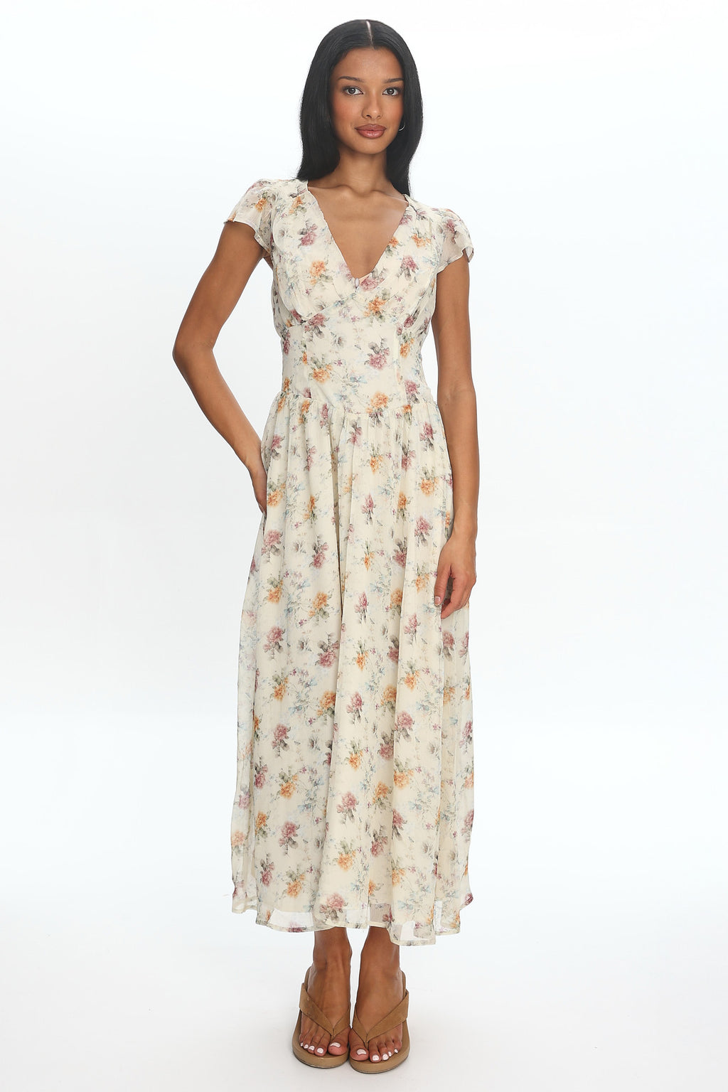 Angel Wings V-Back Pleat Maxi Dress Mint Floral