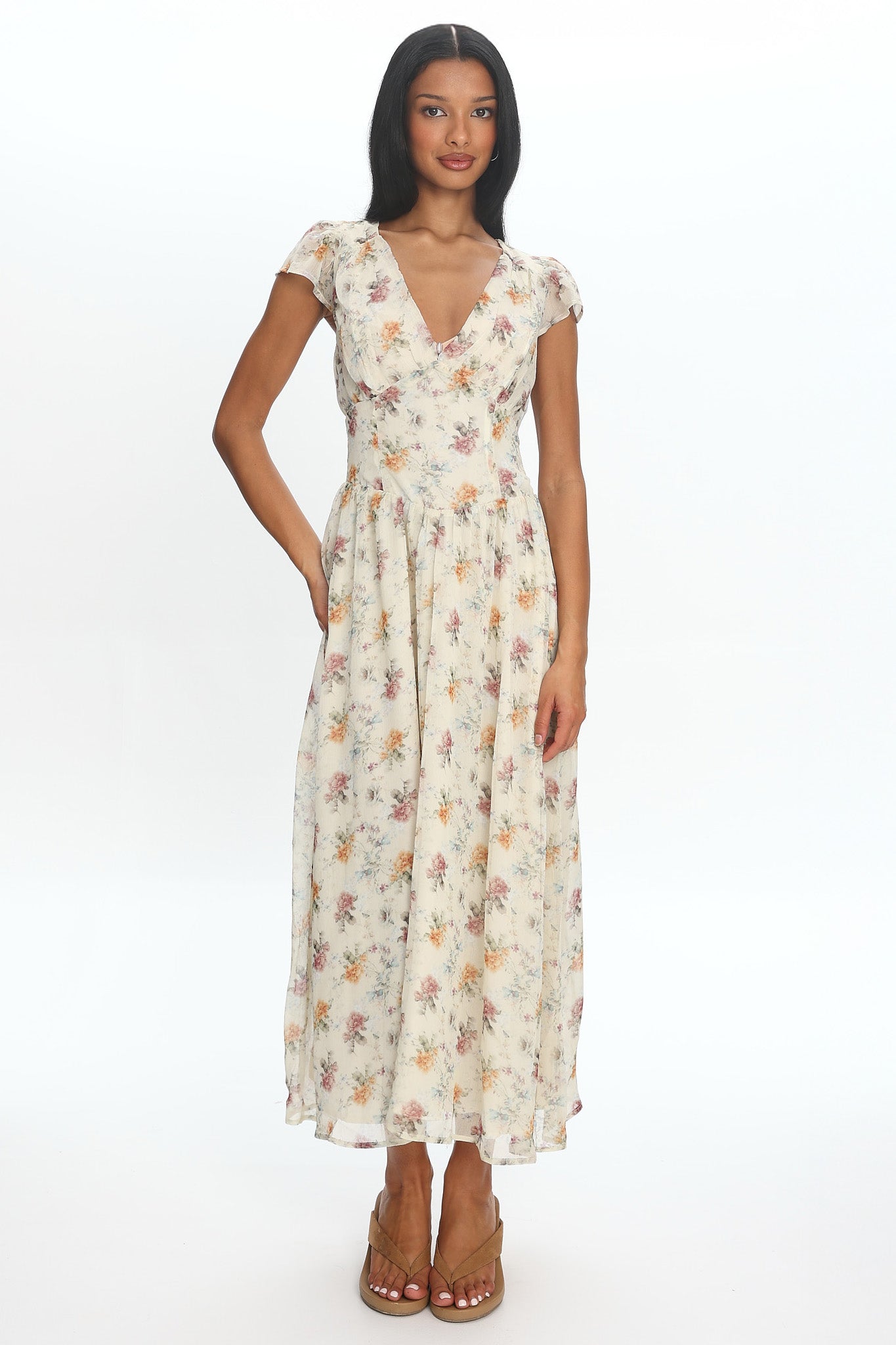 Angel Wings V-Back Pleat Maxi Dress Mint Floral