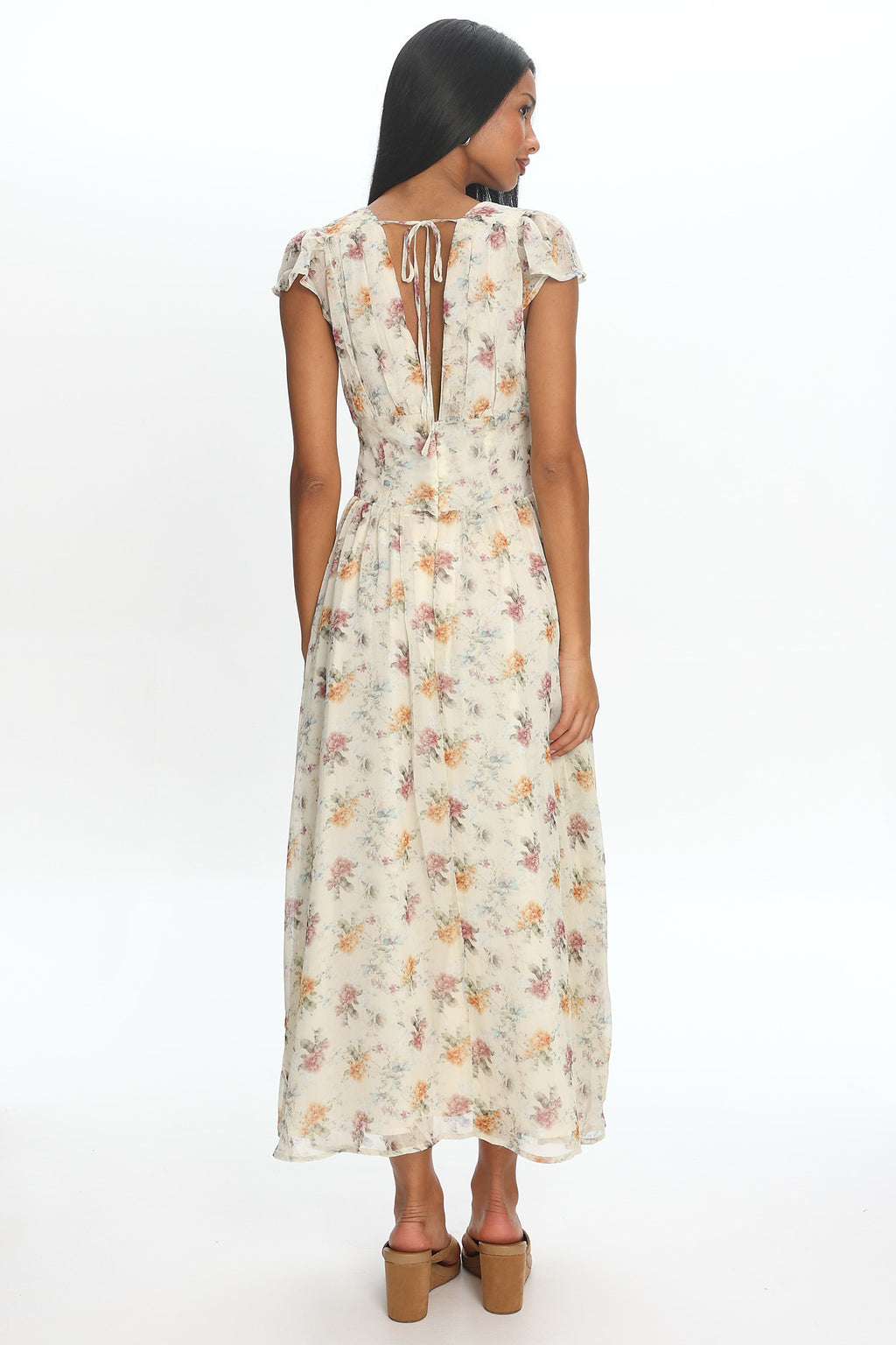 Angel Wings V-Back Pleat Maxi Dress Mint Floral
