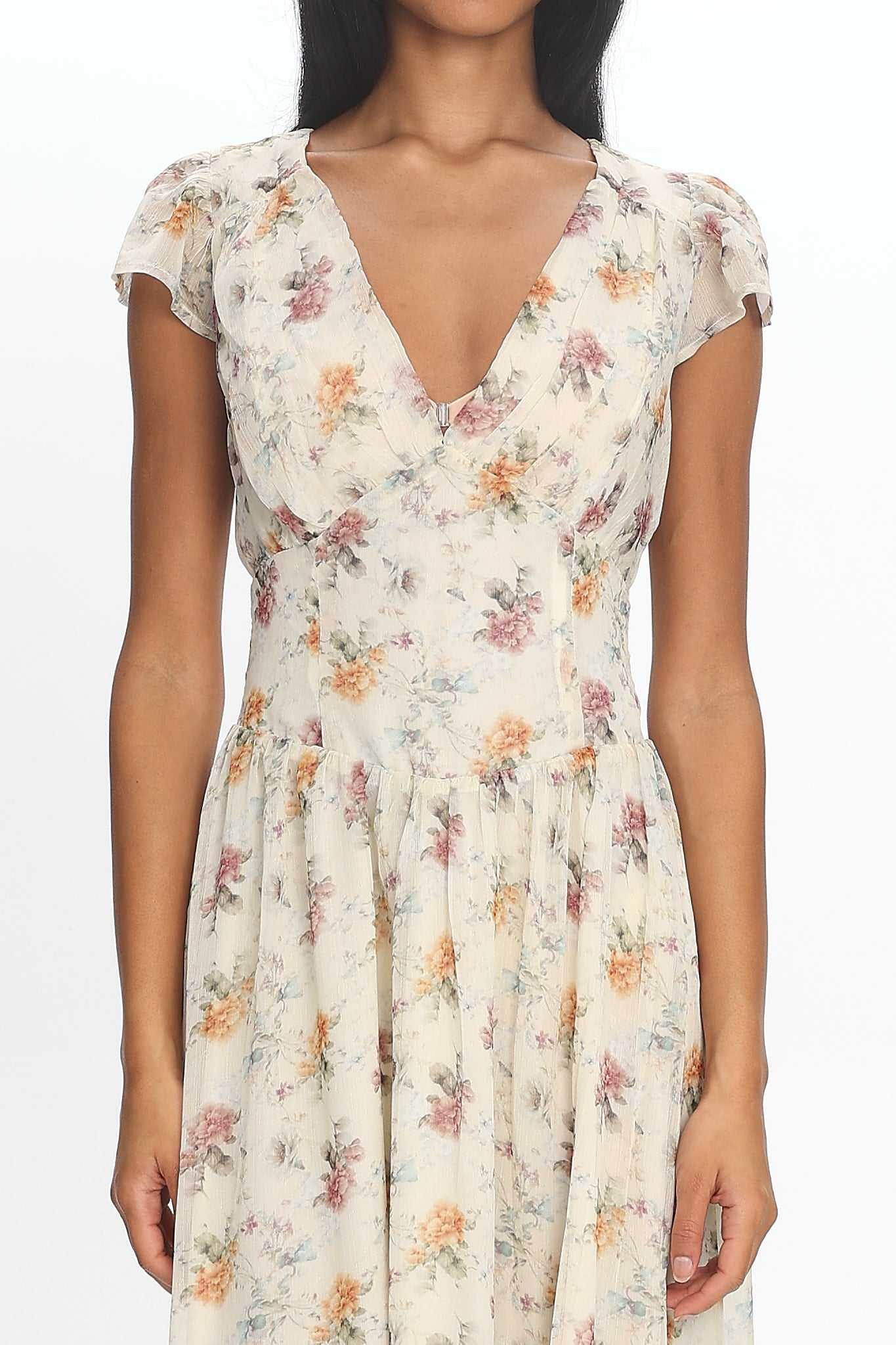 Angel Wings V-Back Pleat Maxi Dress Mint Floral