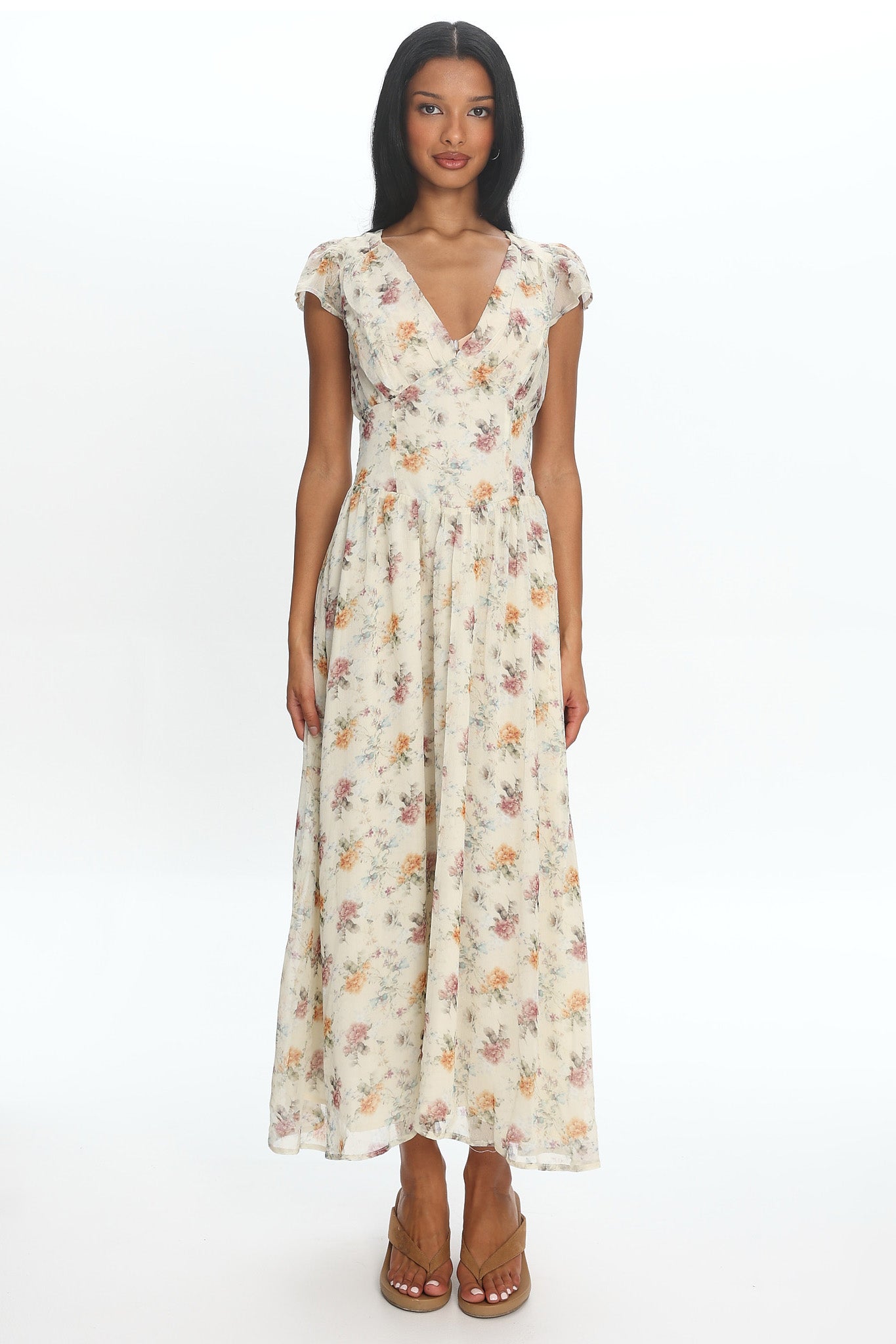 Angel Wings V-Back Pleat Maxi Dress Mint Floral