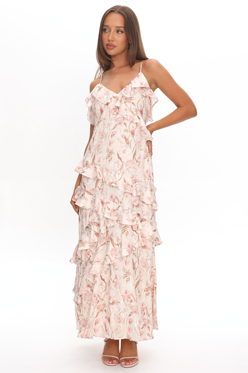 Cameela Ruffle Trim Maxi Dress Floral Blush by Selfie Leslie Australia