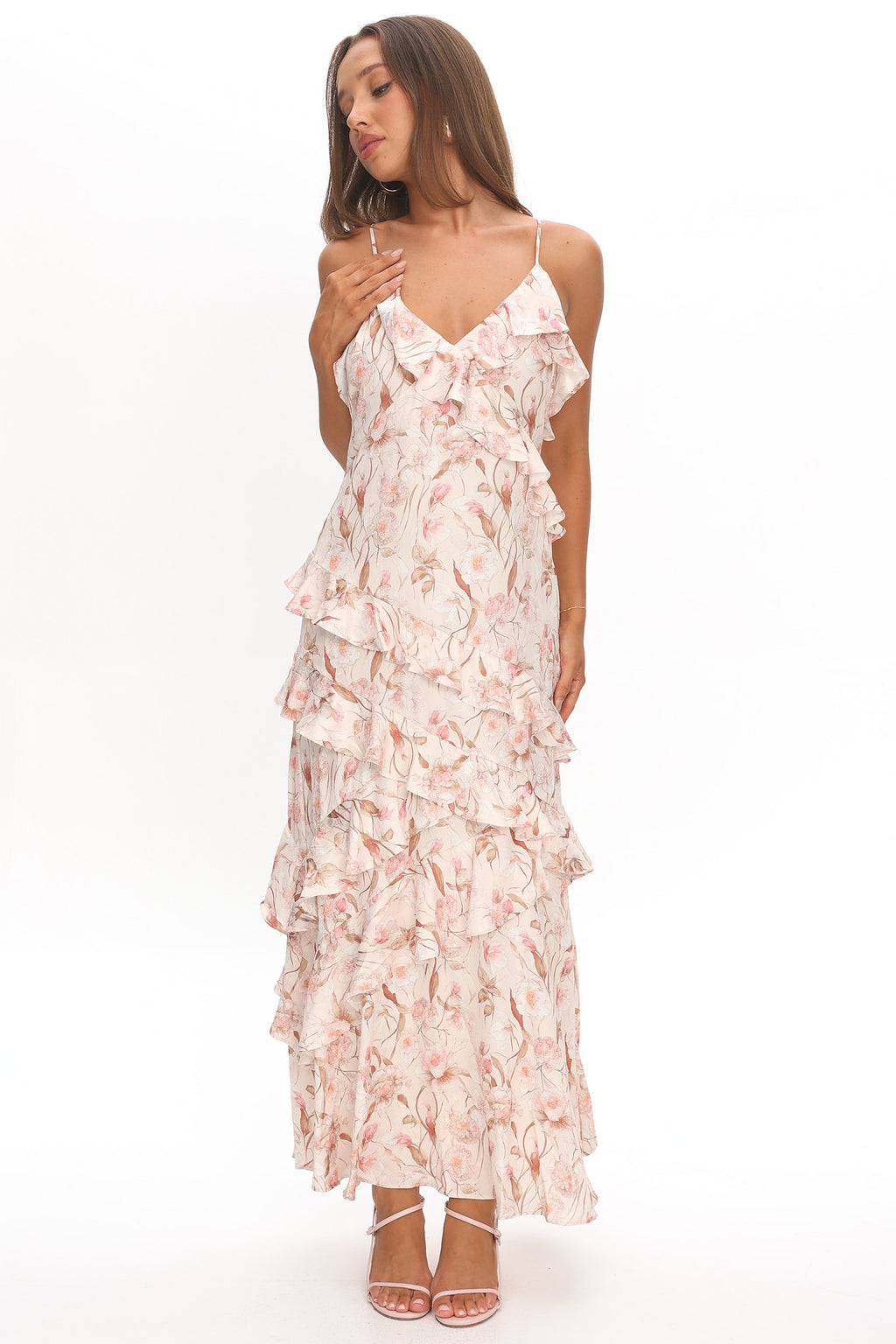 Cameela Ruffle Trim Maxi Dress Floral Blush by Selfie Leslie Australia