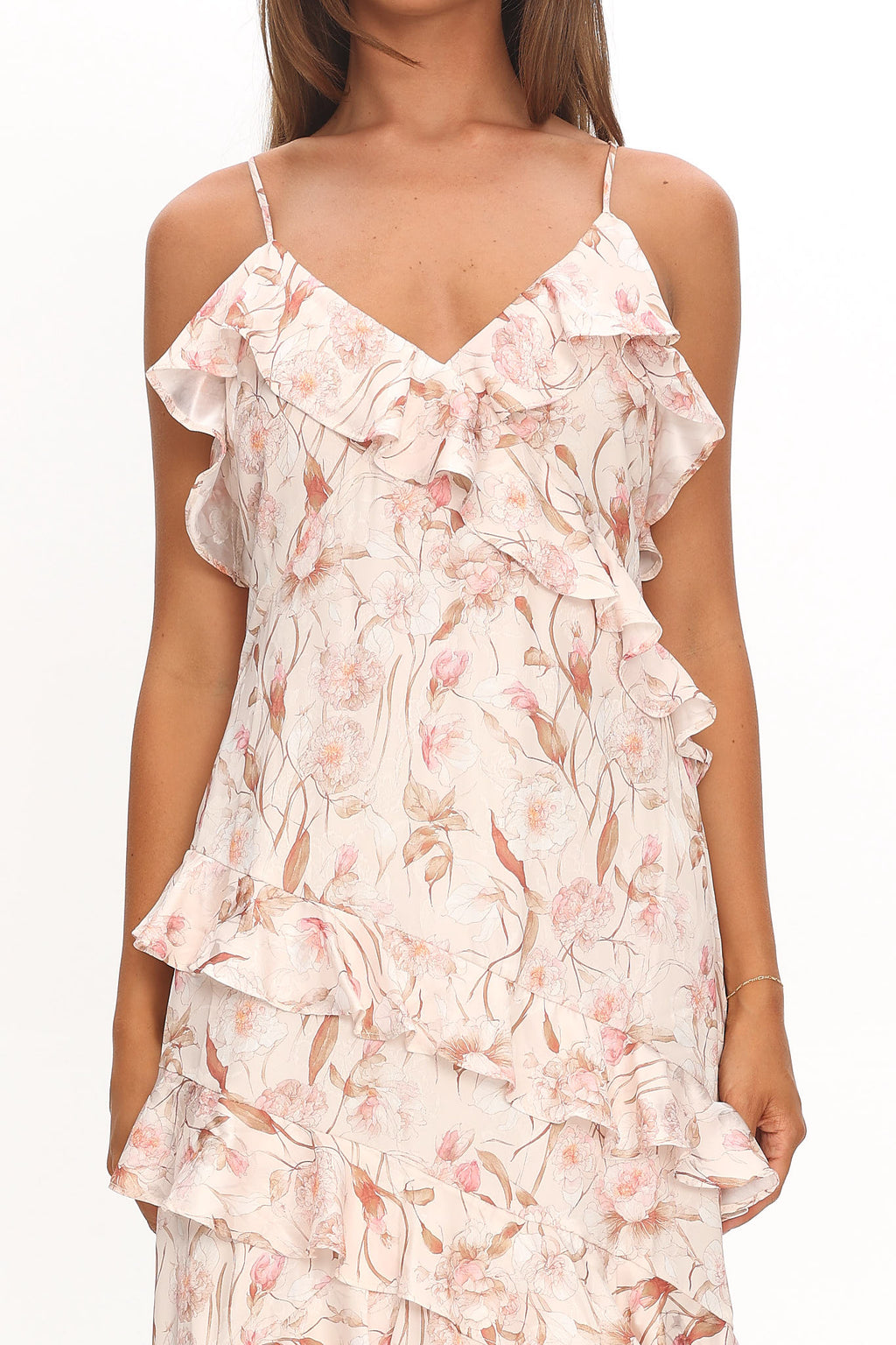 Cameela Ruffle Trim Maxi Dress Floral Blush by Selfie Leslie Australia