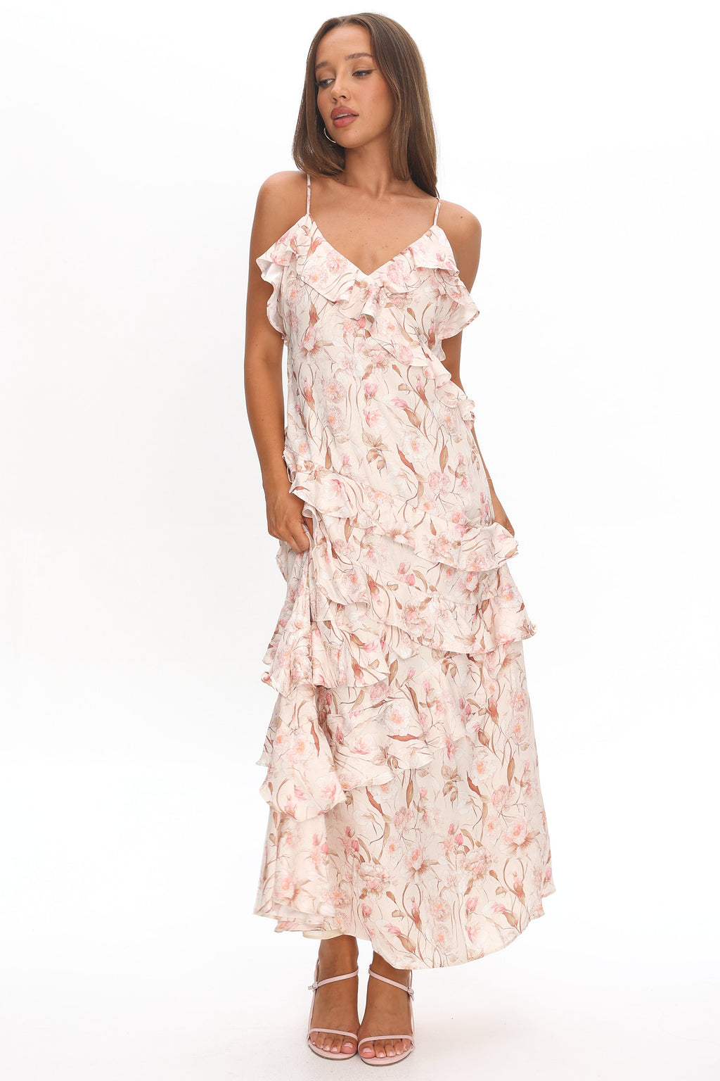 Cameela Ruffle Trim Maxi Dress Floral Blush by Selfie Leslie Australia