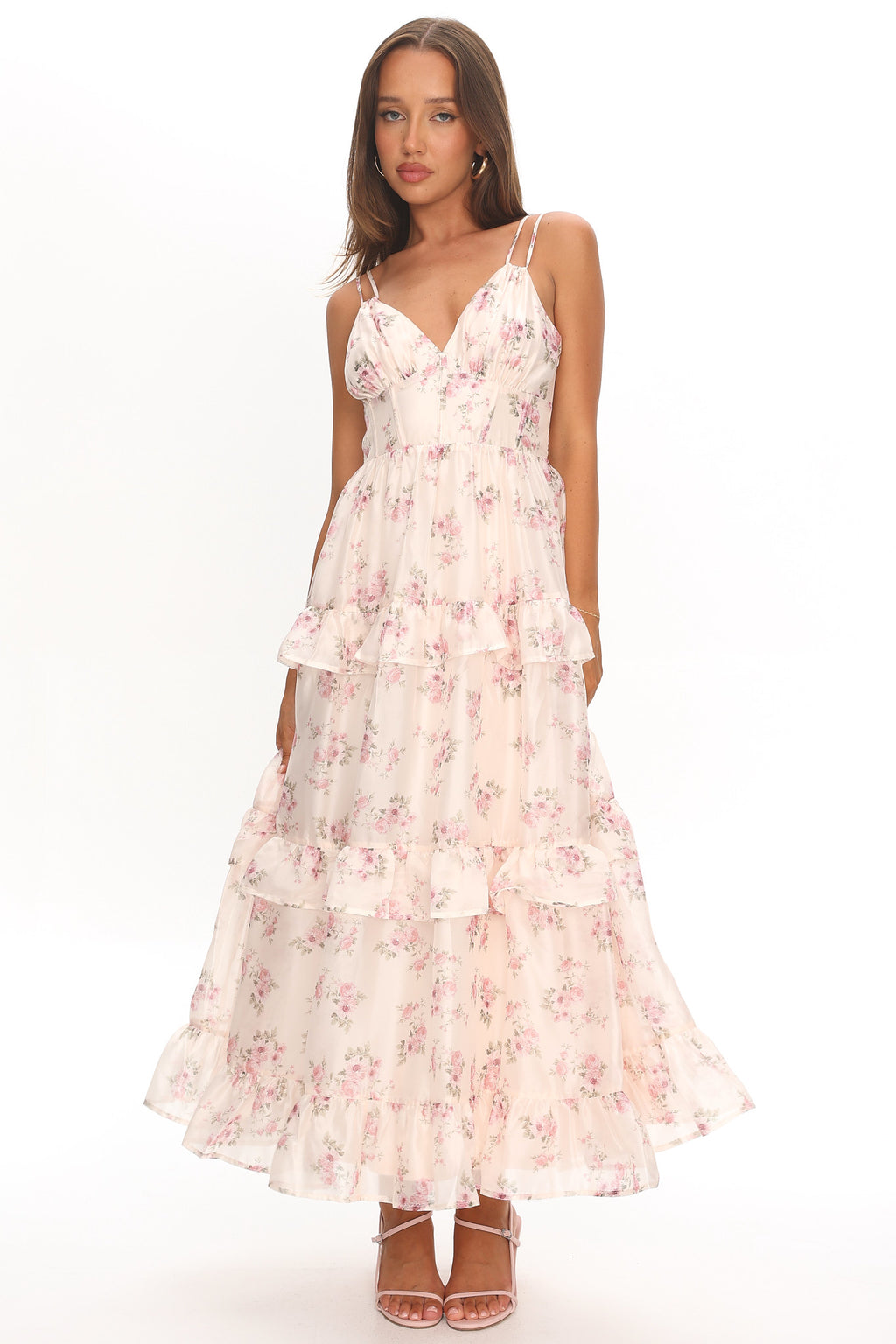 Layna Frill Trim Maxi Dress Floral Blush by Selfie Leslie Australia