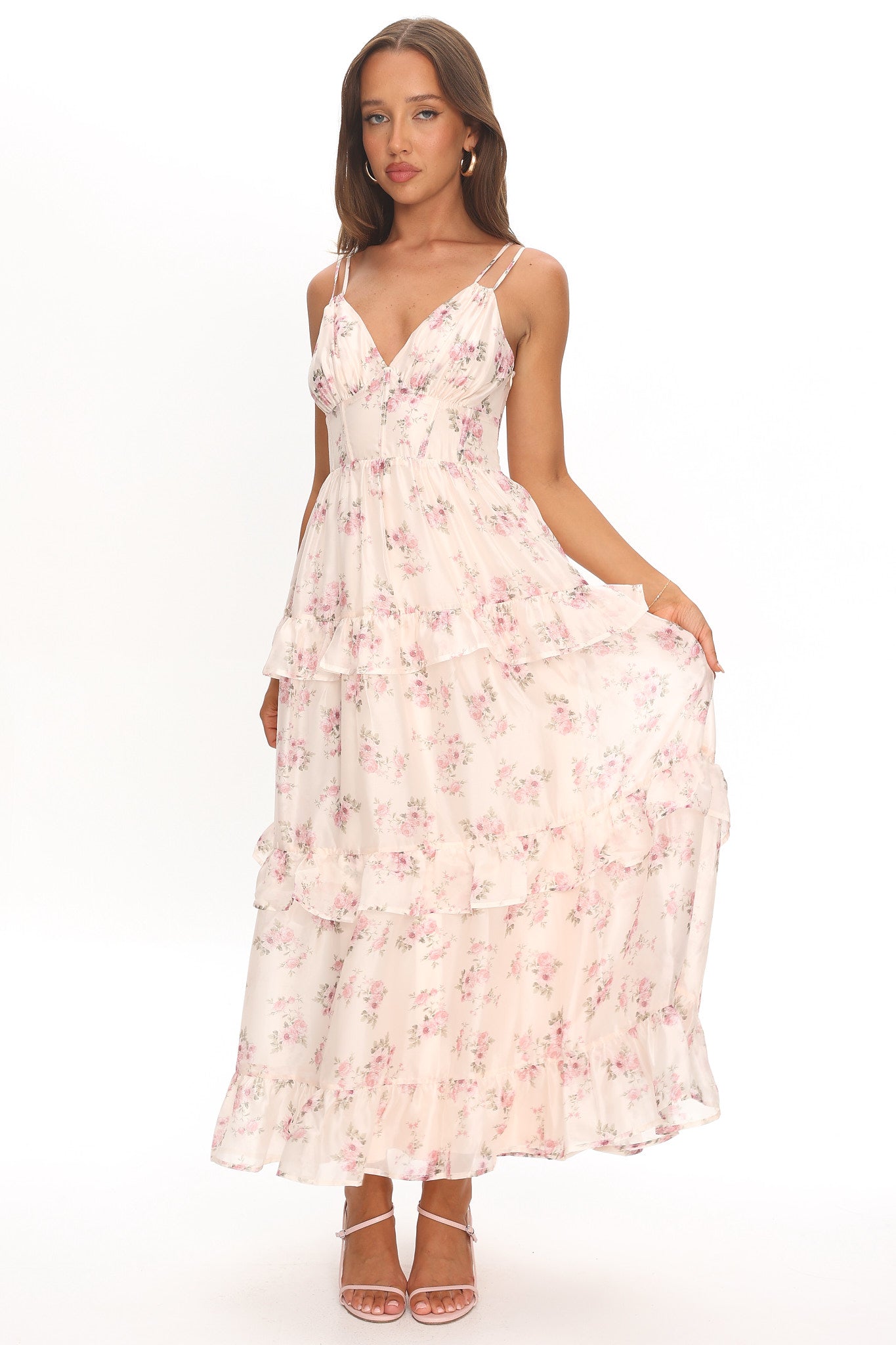 Layna Frill Trim Maxi Dress Floral Blush by Selfie Leslie Australia