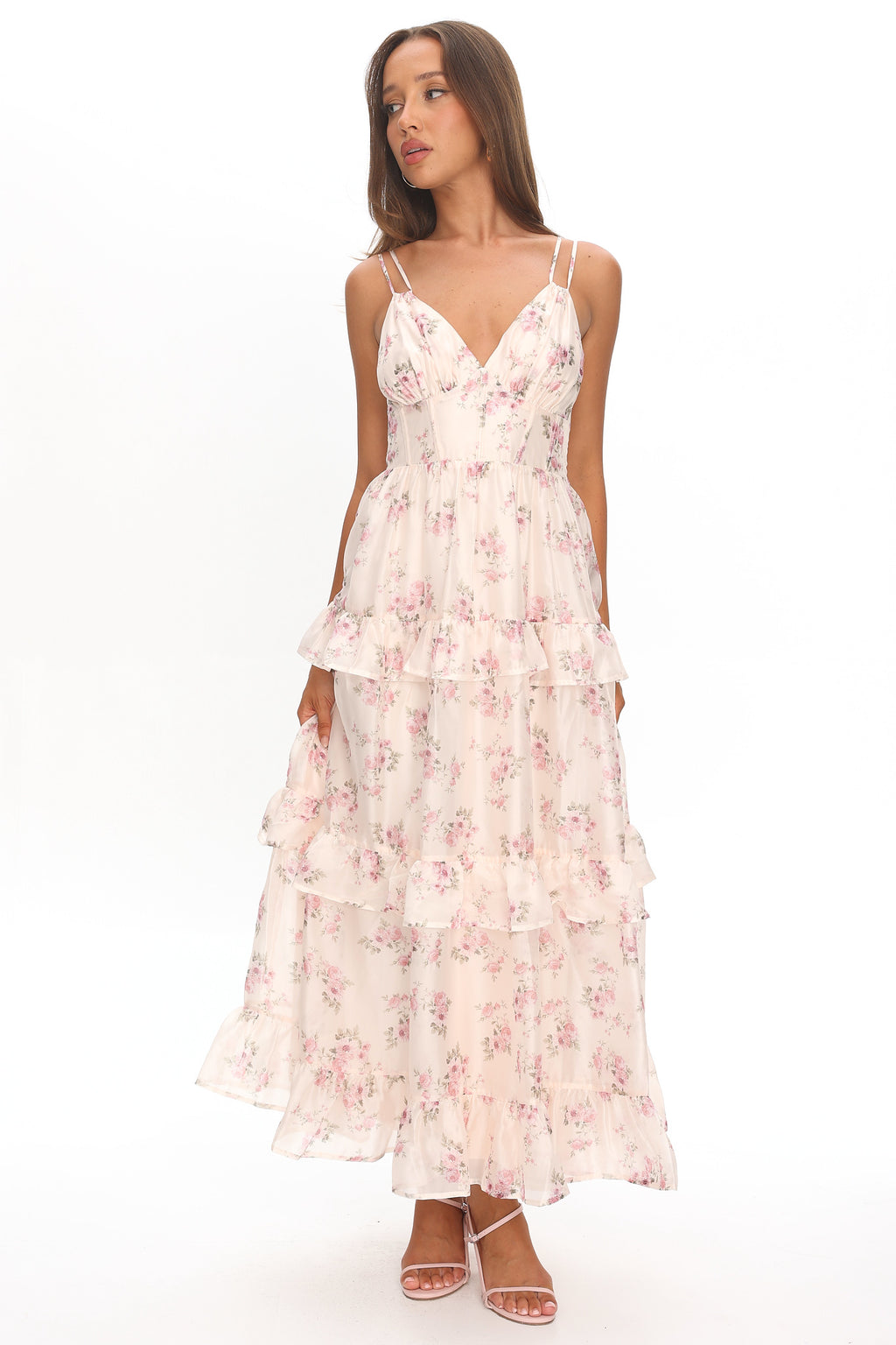 Layna Frill Trim Maxi Dress Floral Blush by Selfie Leslie Australia
