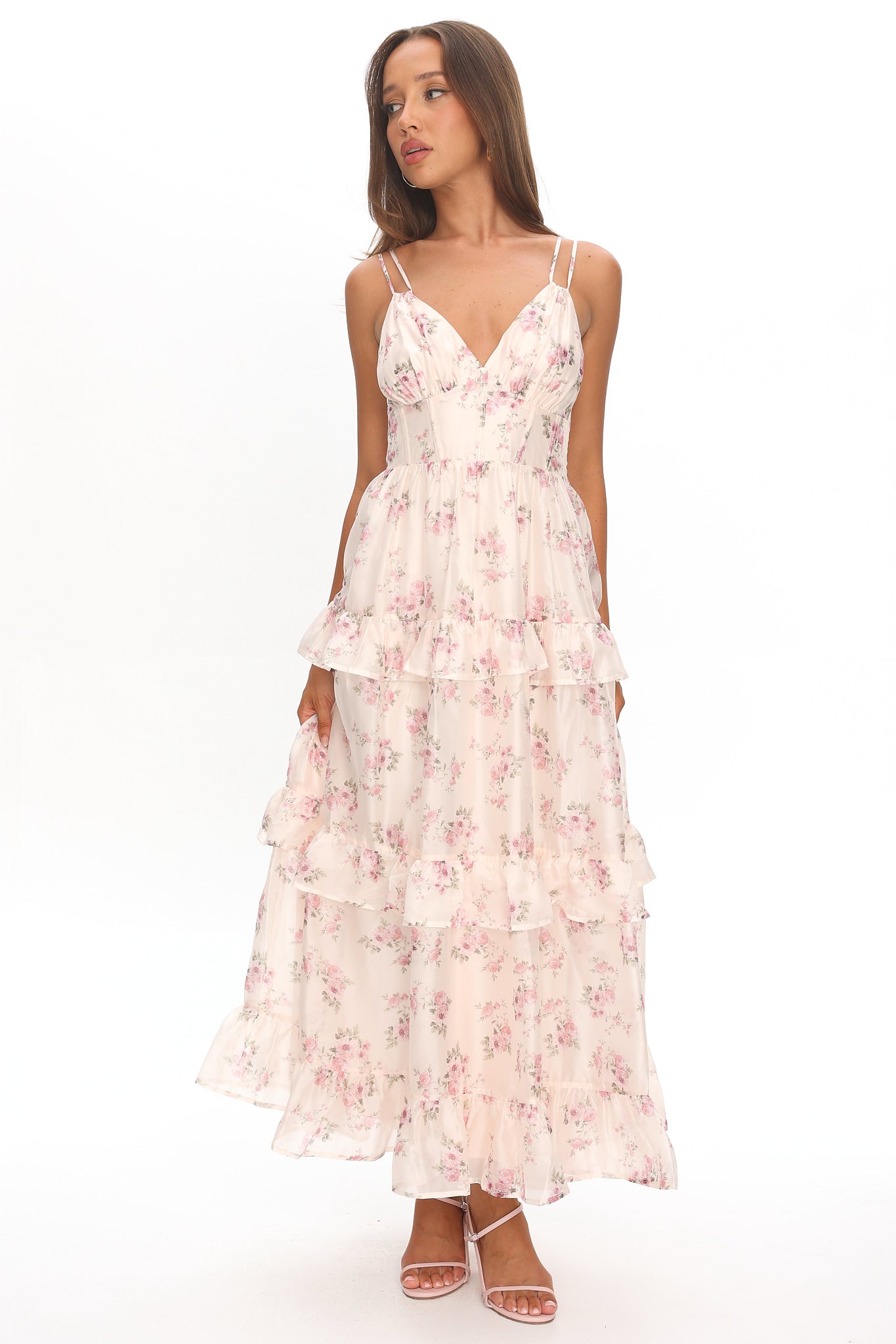 Layna Frill Trim Maxi Dress Floral Blush by Selfie Leslie Australia