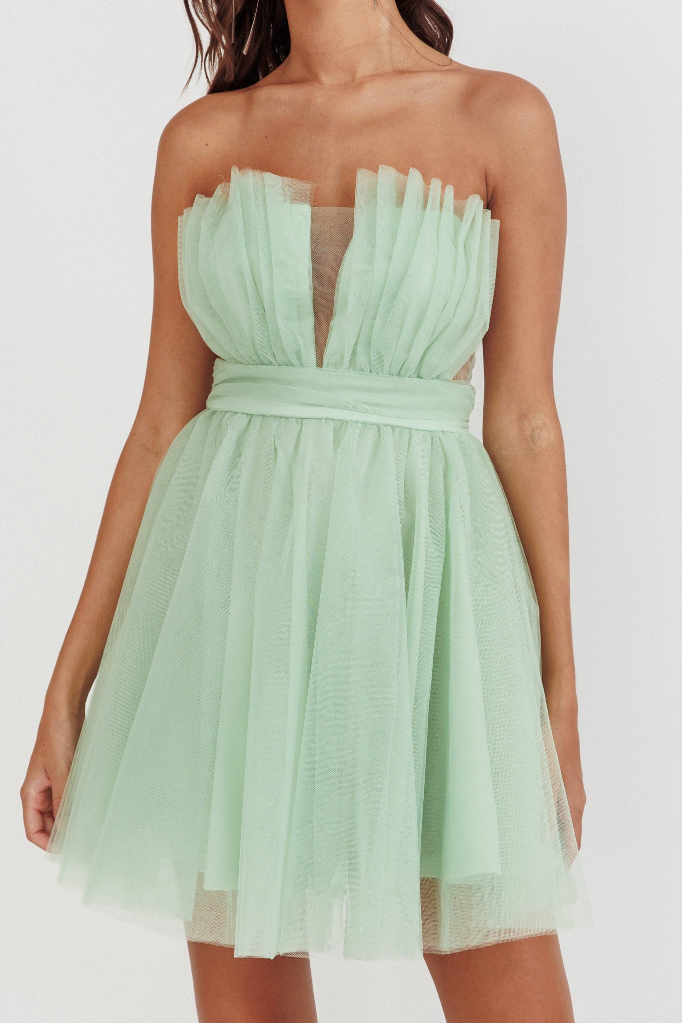 Touch The Stars Gathered Mesh Mini Dress Sage by Selfie Leslie Australia