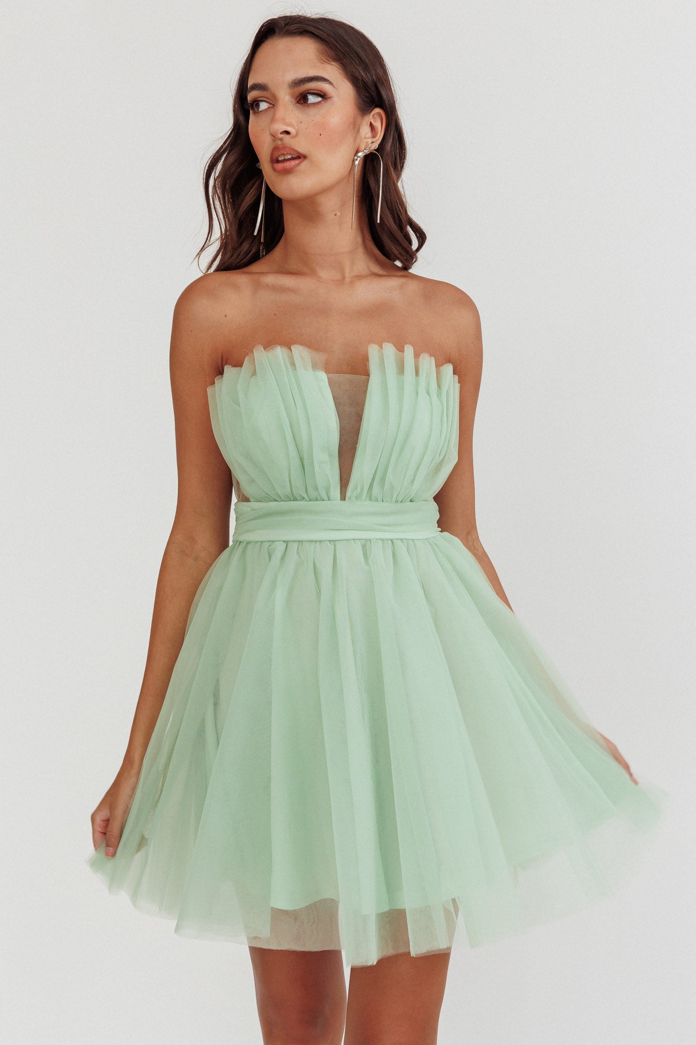 Touch The Stars Gathered Mesh Mini Dress Sage by Selfie Leslie Australia