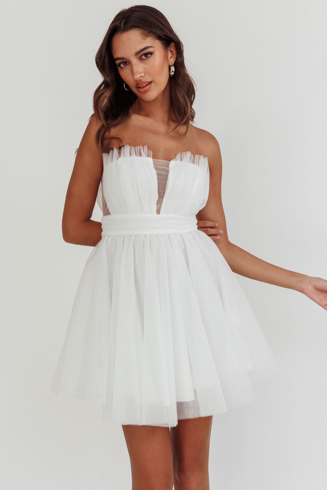 Touch The Stars Gathered Mesh Mini Dress White by Selfie Leslie Australia