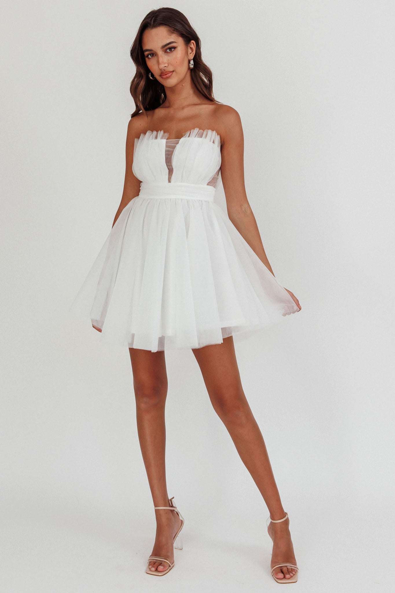 Touch The Stars Gathered Mesh Mini Dress White by Selfie Leslie Australia