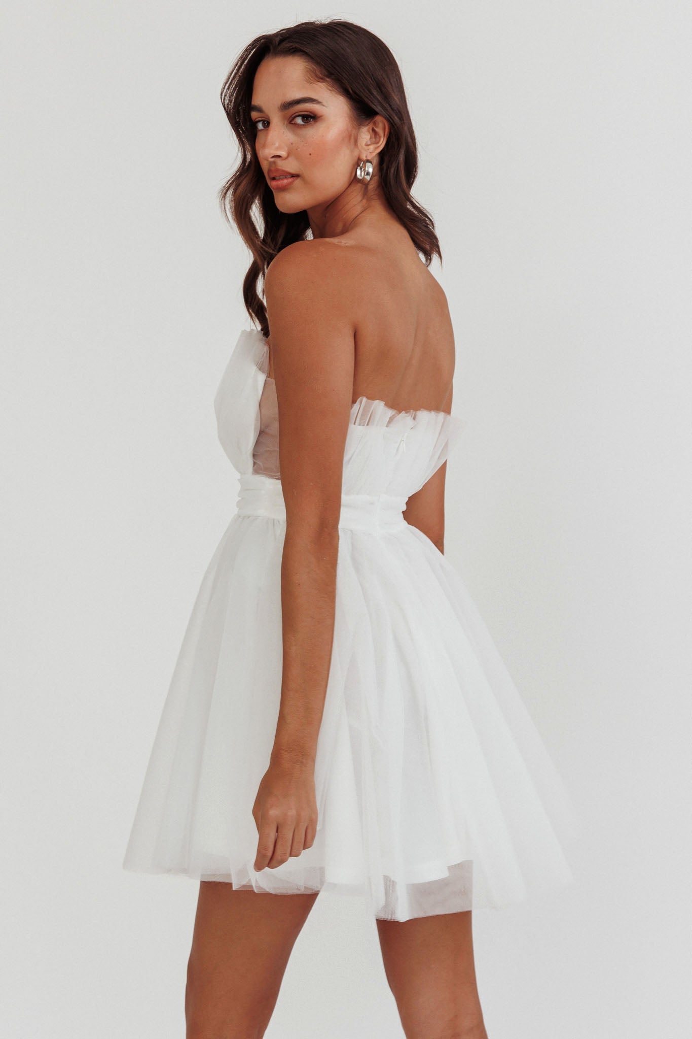 Touch The Stars Gathered Mesh Mini Dress White by Selfie Leslie Australia