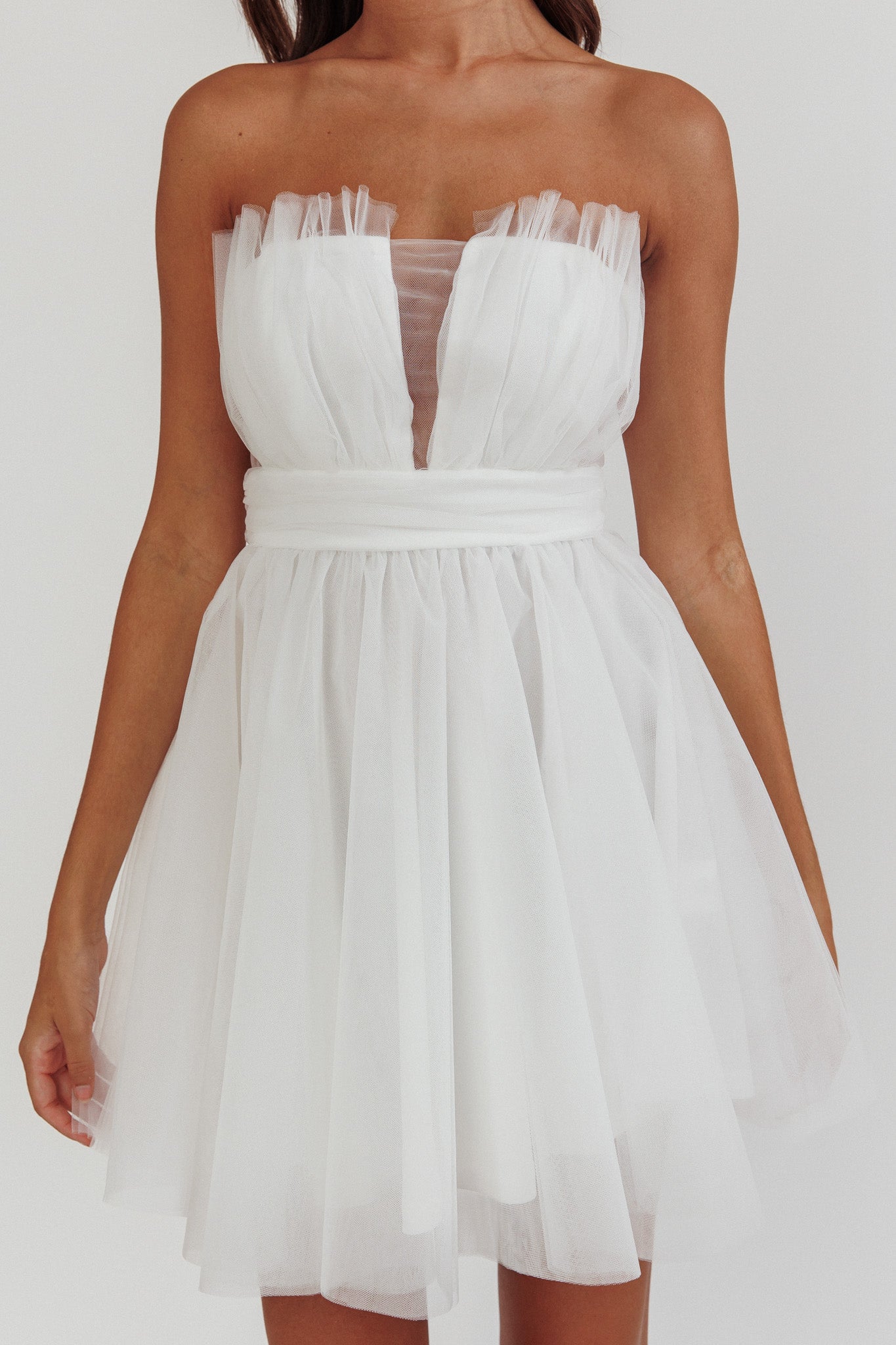 Touch The Stars Gathered Mesh Mini Dress White by Selfie Leslie Australia