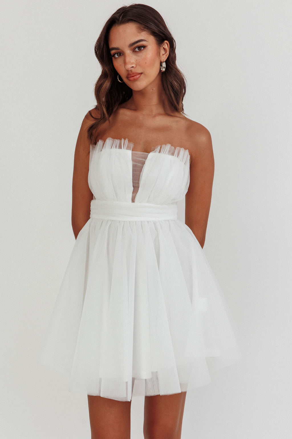 Touch The Stars Gathered Mesh Mini Dress White by Selfie Leslie Australia