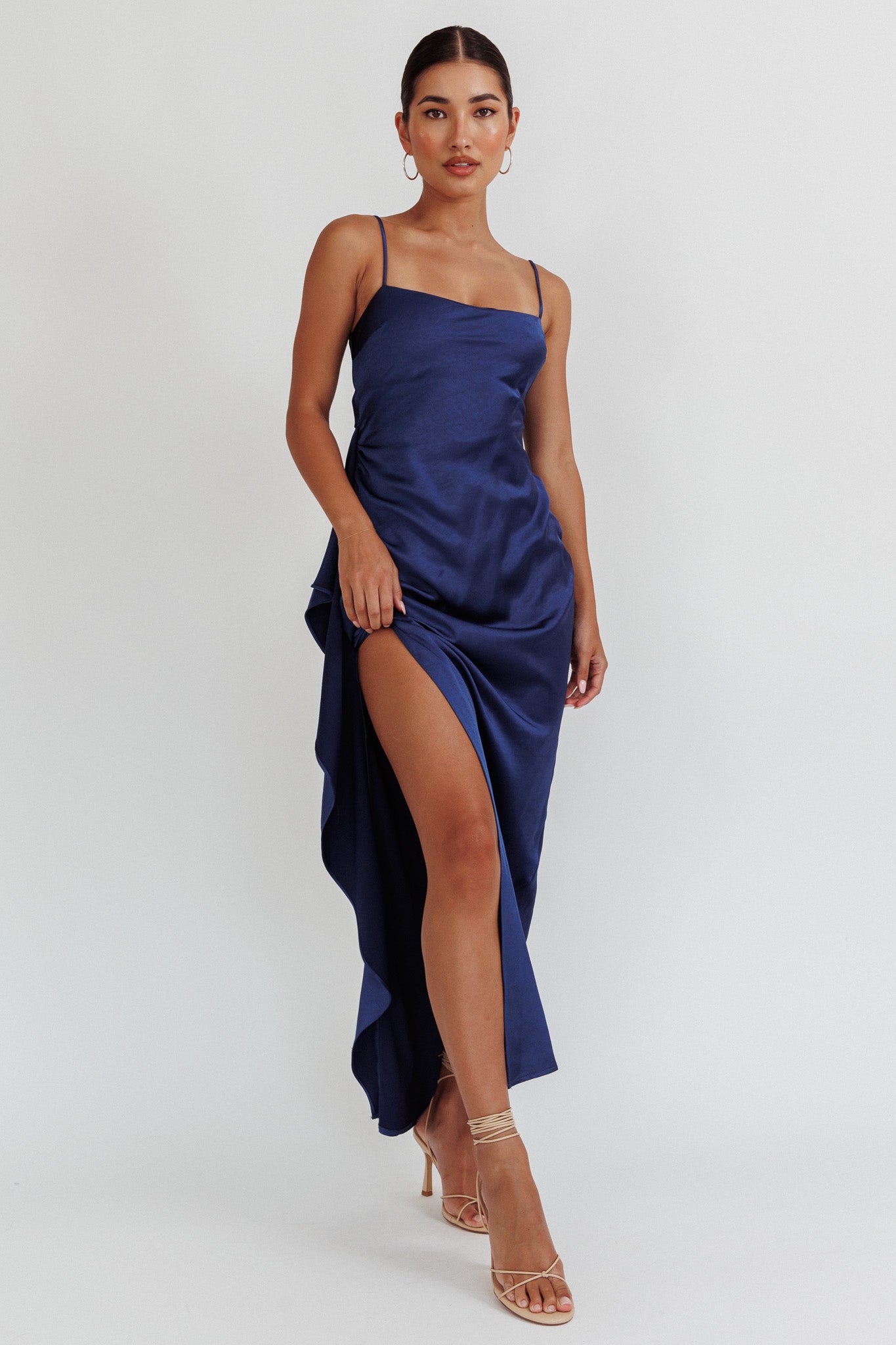 Night Swim Satin Leg Slit Maxi Dress Navy by Selfie Leslie Australia