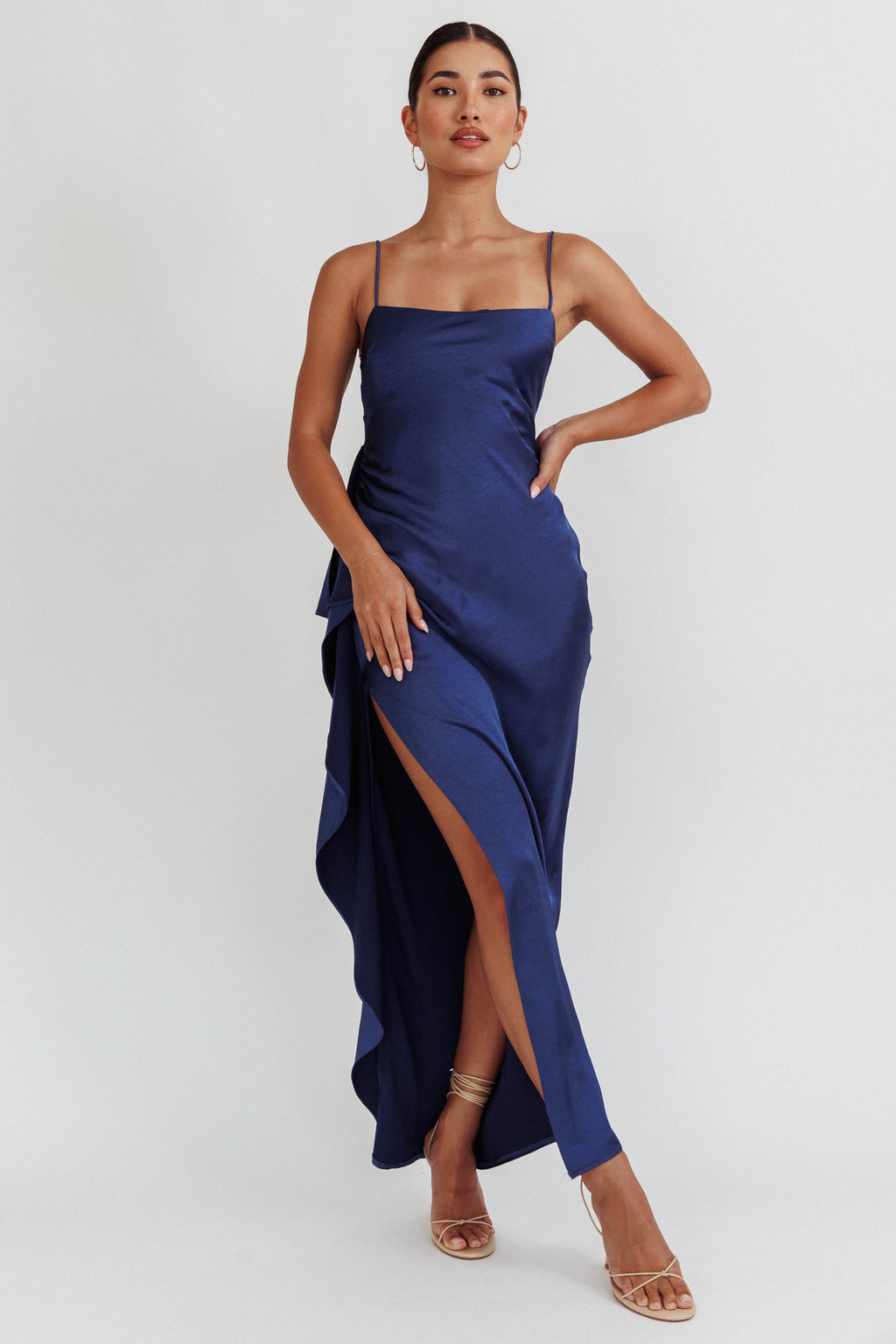 Night Swim Satin Leg Slit Maxi Dress Navy by Selfie Leslie Australia