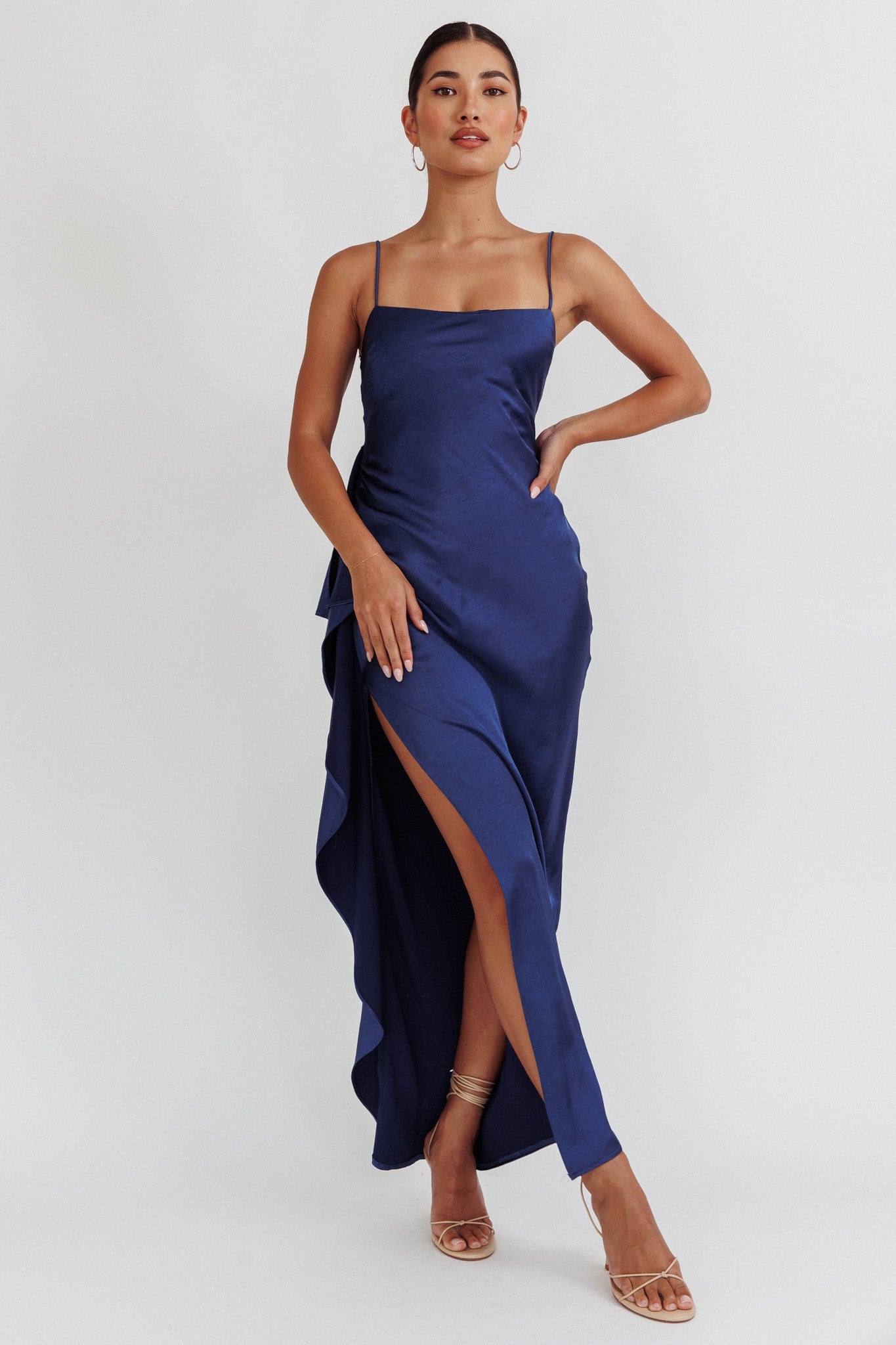 Night Swim Satin Leg Slit Maxi Dress Navy by Selfie Leslie Australia