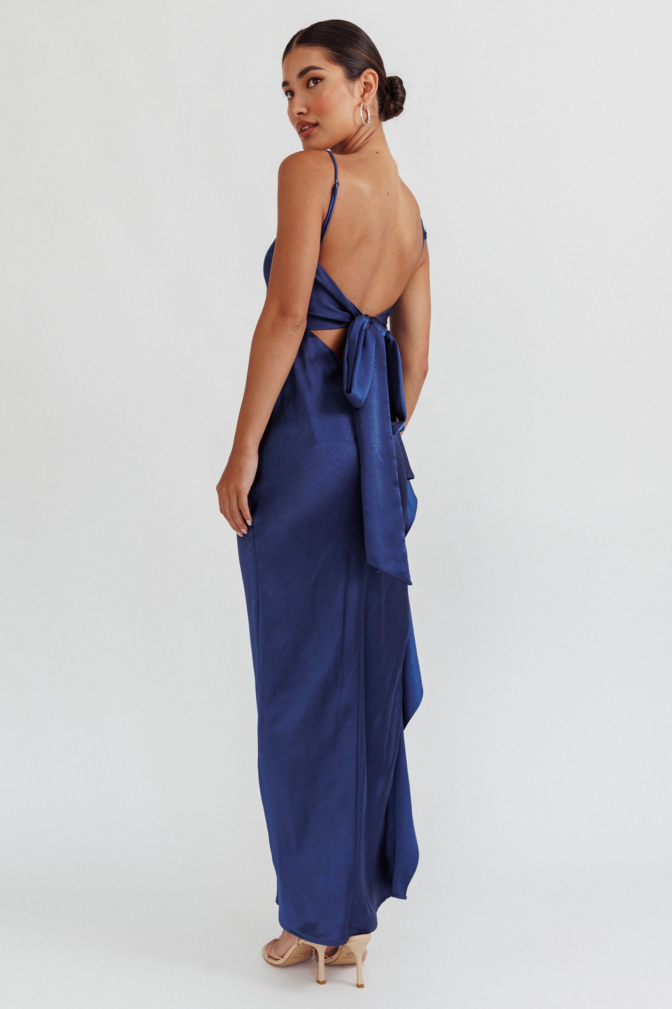 Night Swim Satin Leg Slit Maxi Dress Navy by Selfie Leslie Australia