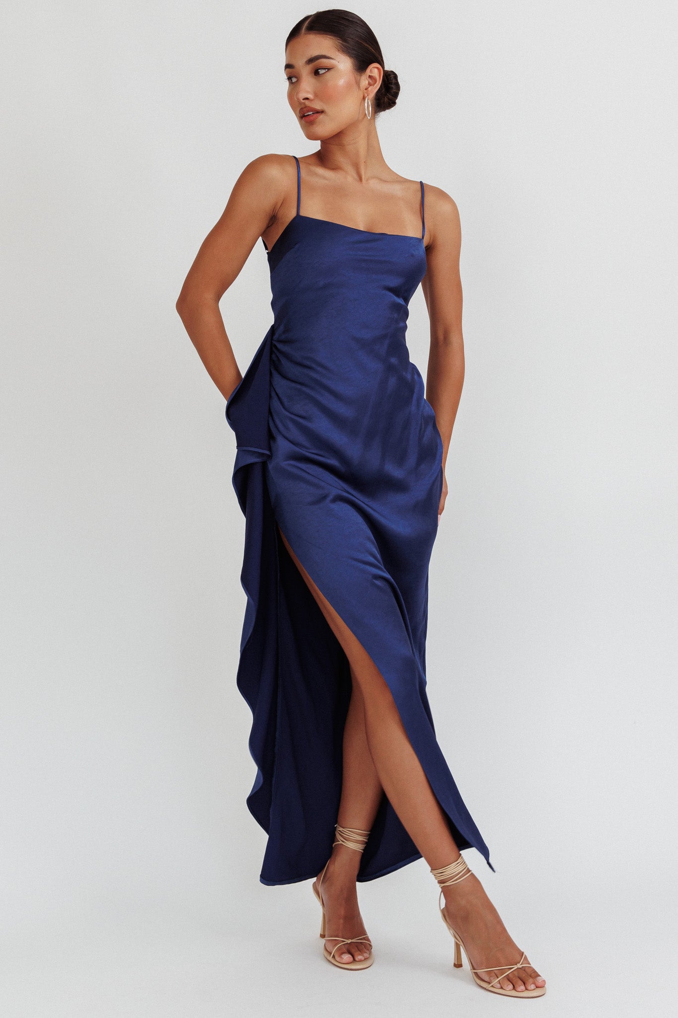 Night Swim Satin Leg Slit Maxi Dress Navy by Selfie Leslie Australia