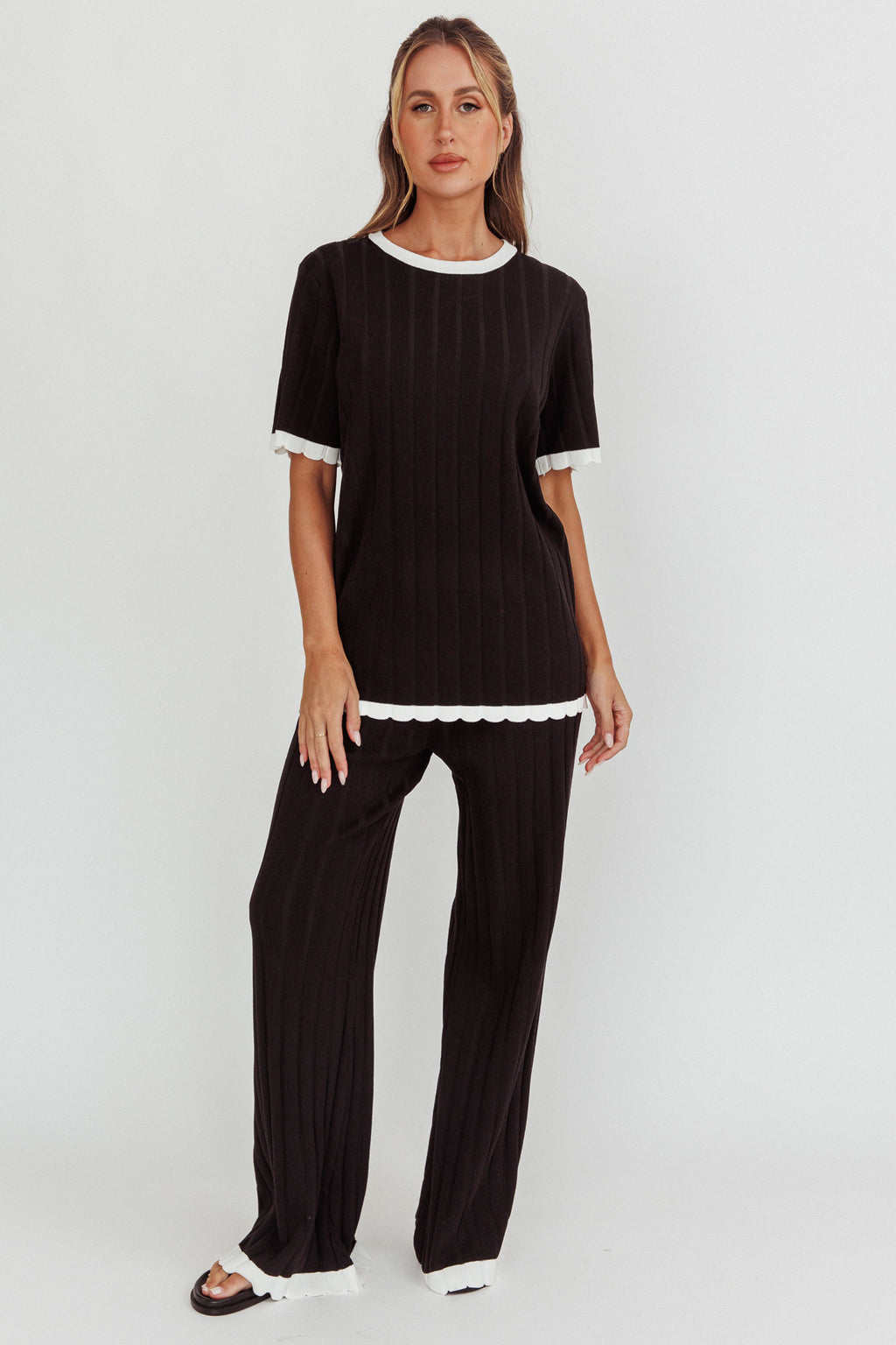 Liloh Contrast Trim Ribbed Knit Pants Black by Selfie Leslie Australia