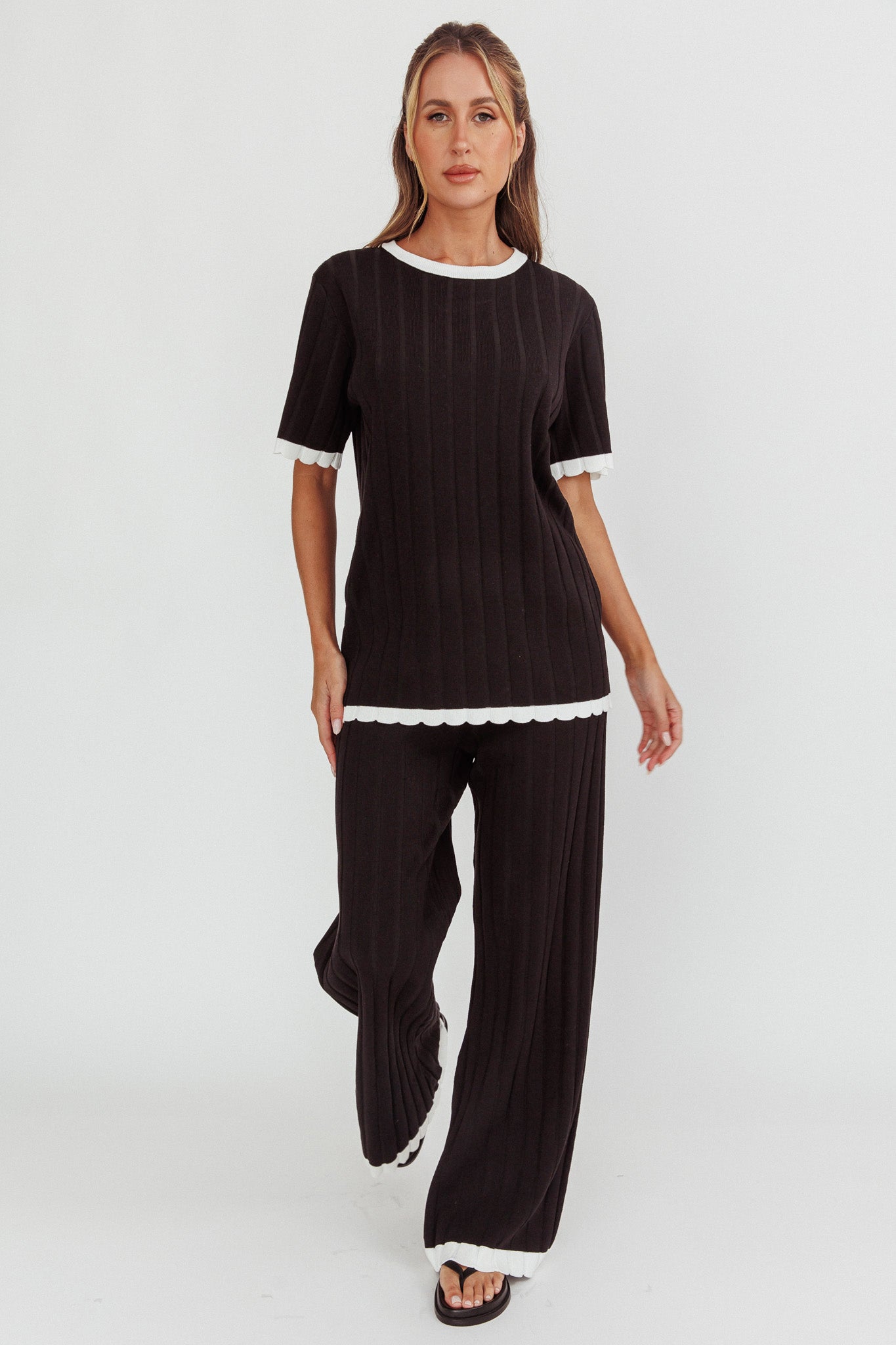 Liloh Contrast Trim Ribbed Knit Pants Black by Selfie Leslie Australia