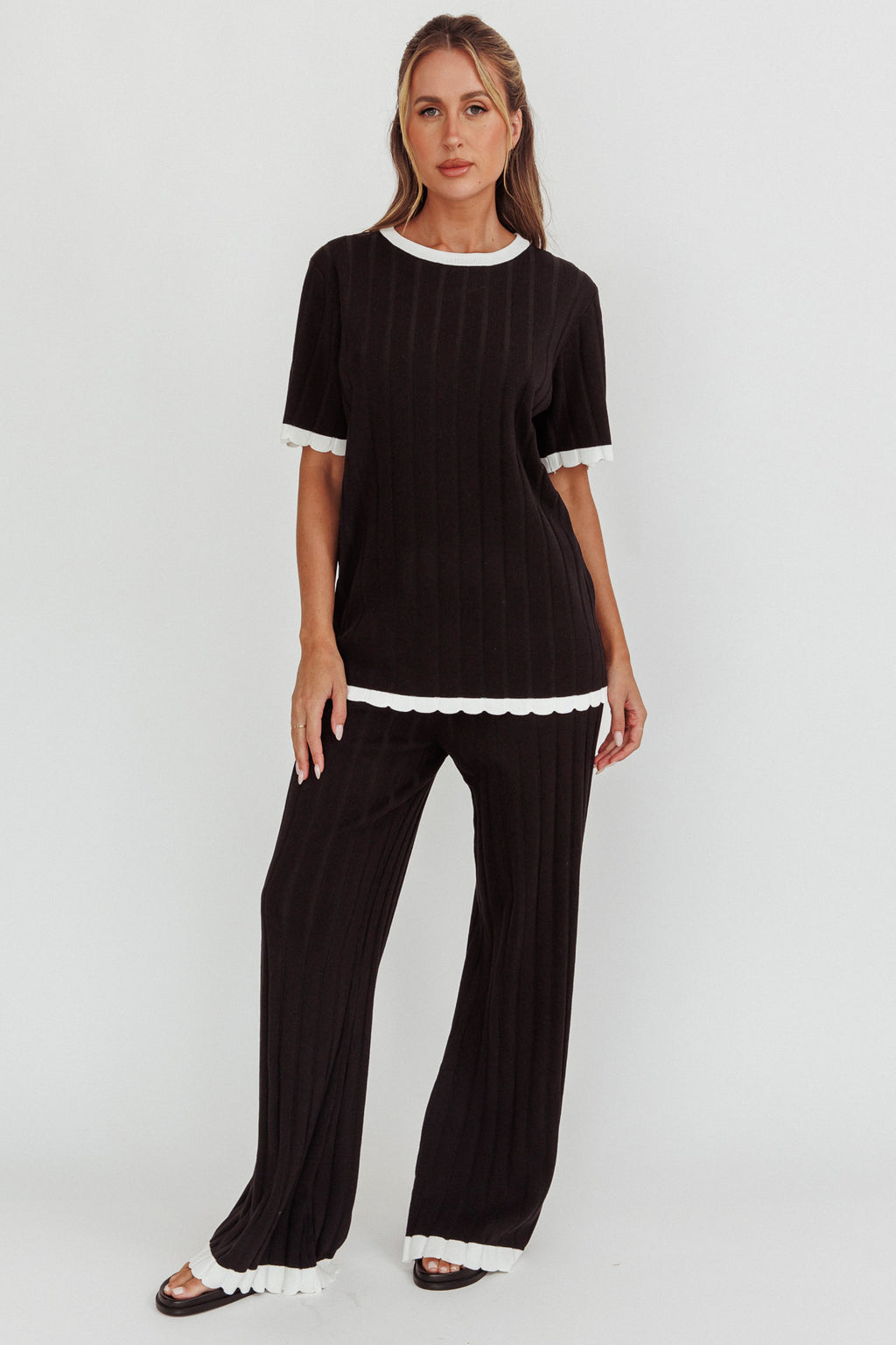 Liloh Contrast Trim Ribbed Knit Pants Black by Selfie Leslie Australia