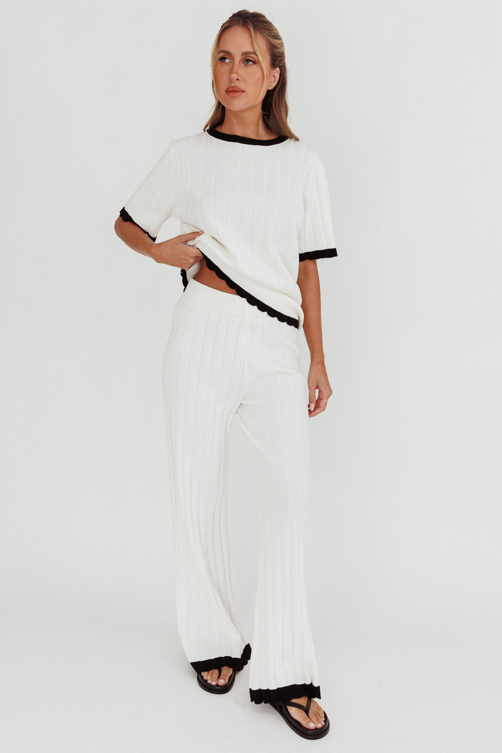 Liloh Contrast Trim Ribbed Knit Pants White by Selfie Leslie Australia