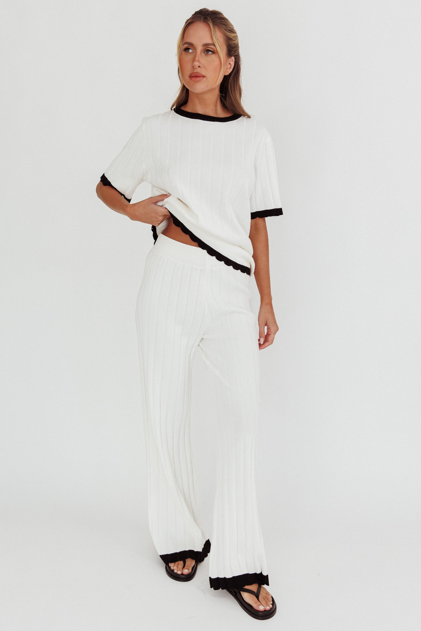 Liloh Contrast Trim Ribbed Knit Pants White by Selfie Leslie Australia