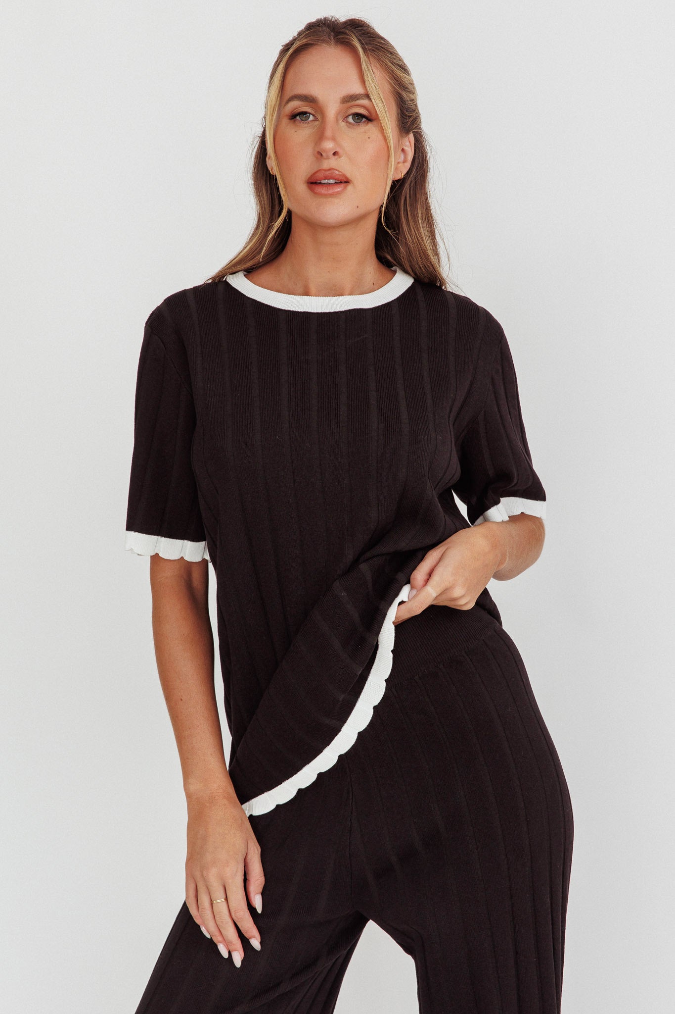 Liloh Contrast Trim Ribbed Knit Top Black by Selfie Leslie Australia