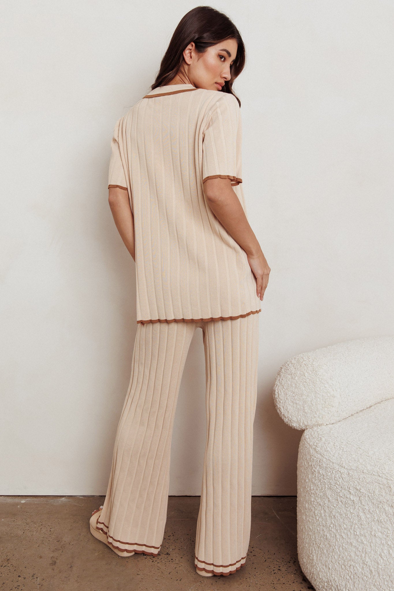 Liloh Contrast Ribbed Wide Leg Pant Beige by Selfie Leslie Australia
