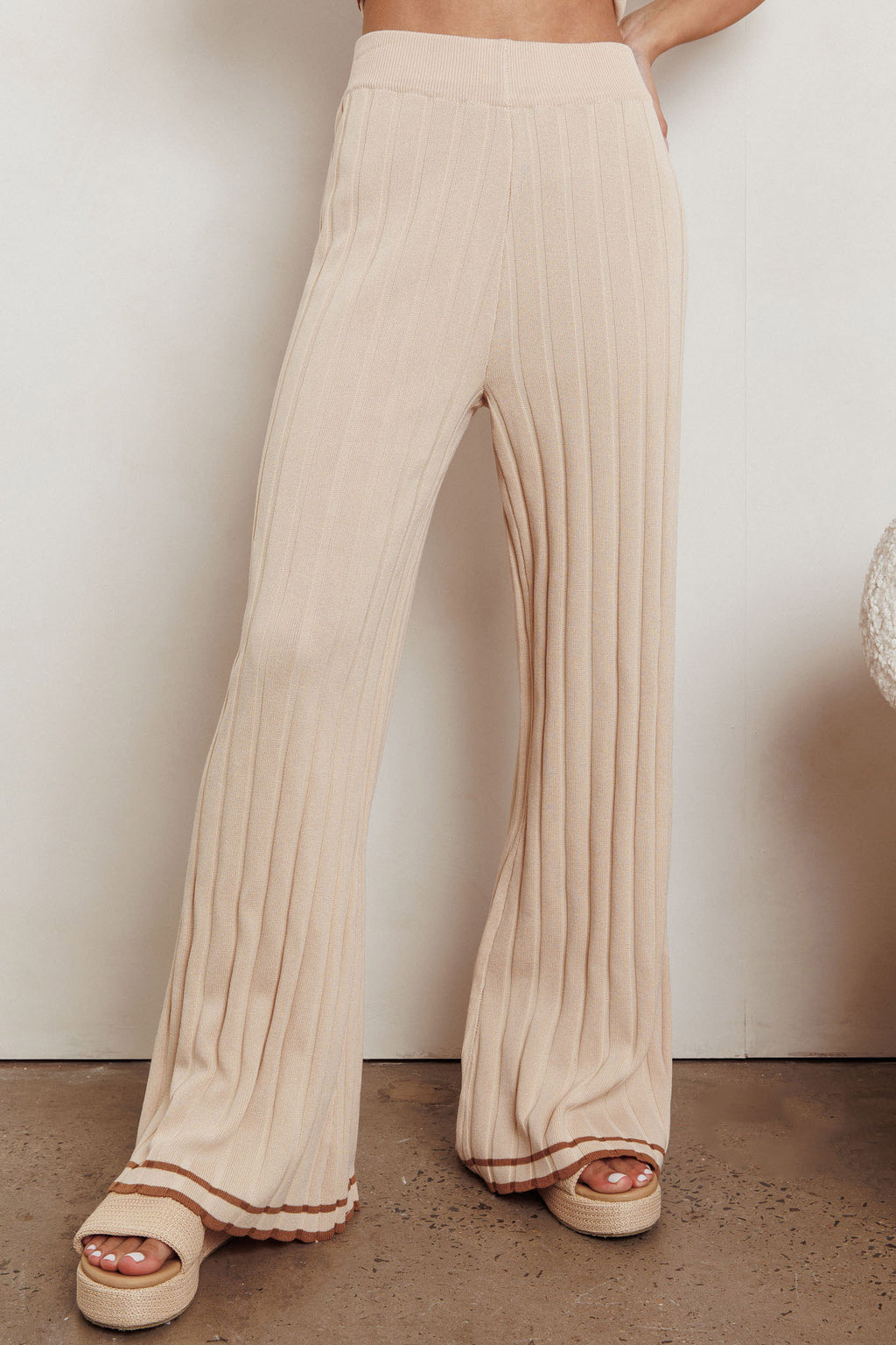 Liloh Contrast Ribbed Wide Leg Pant Beige by Selfie Leslie Australia