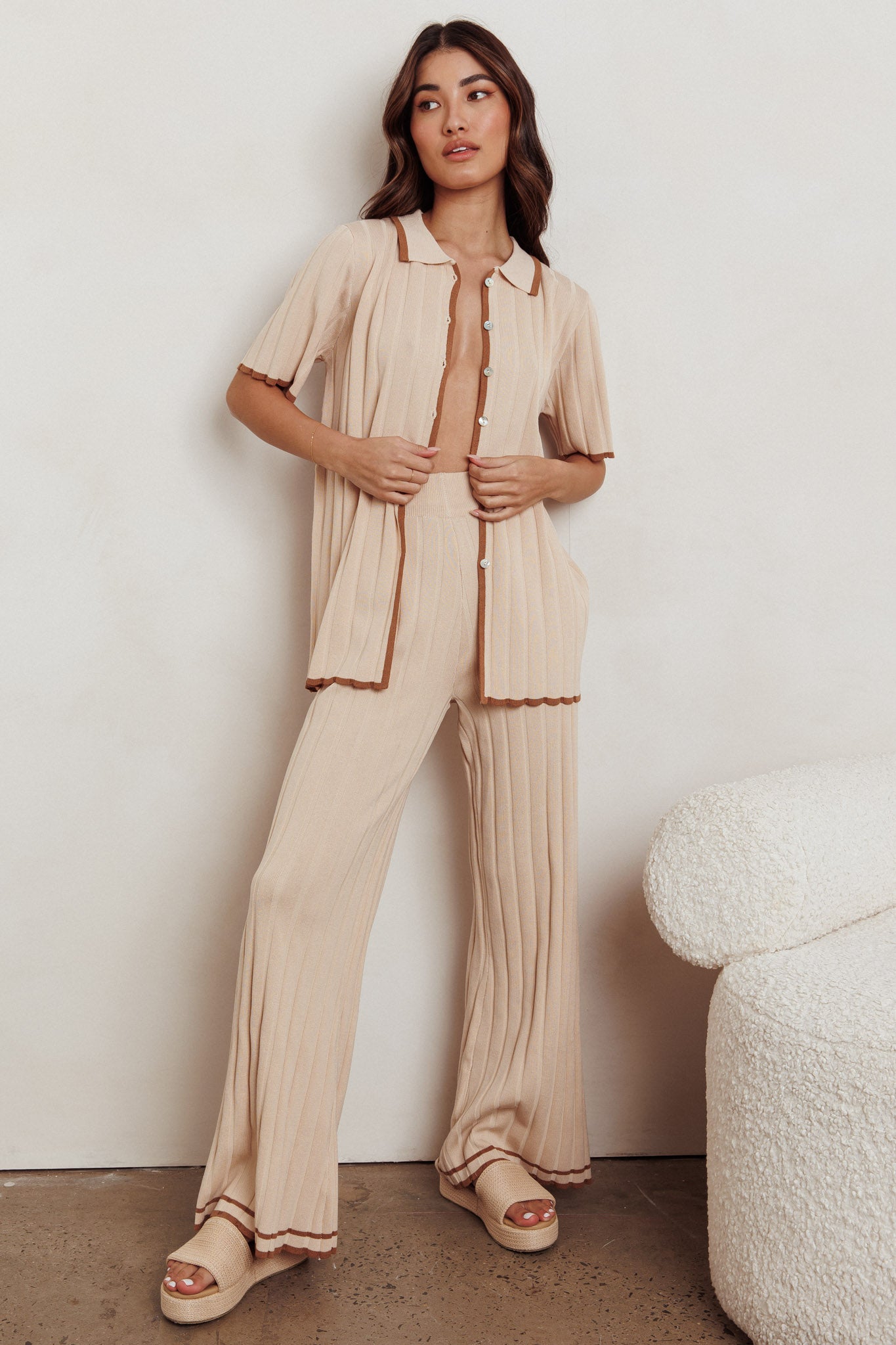 Liloh Contrast Ribbed Wide Leg Pant Beige by Selfie Leslie Australia